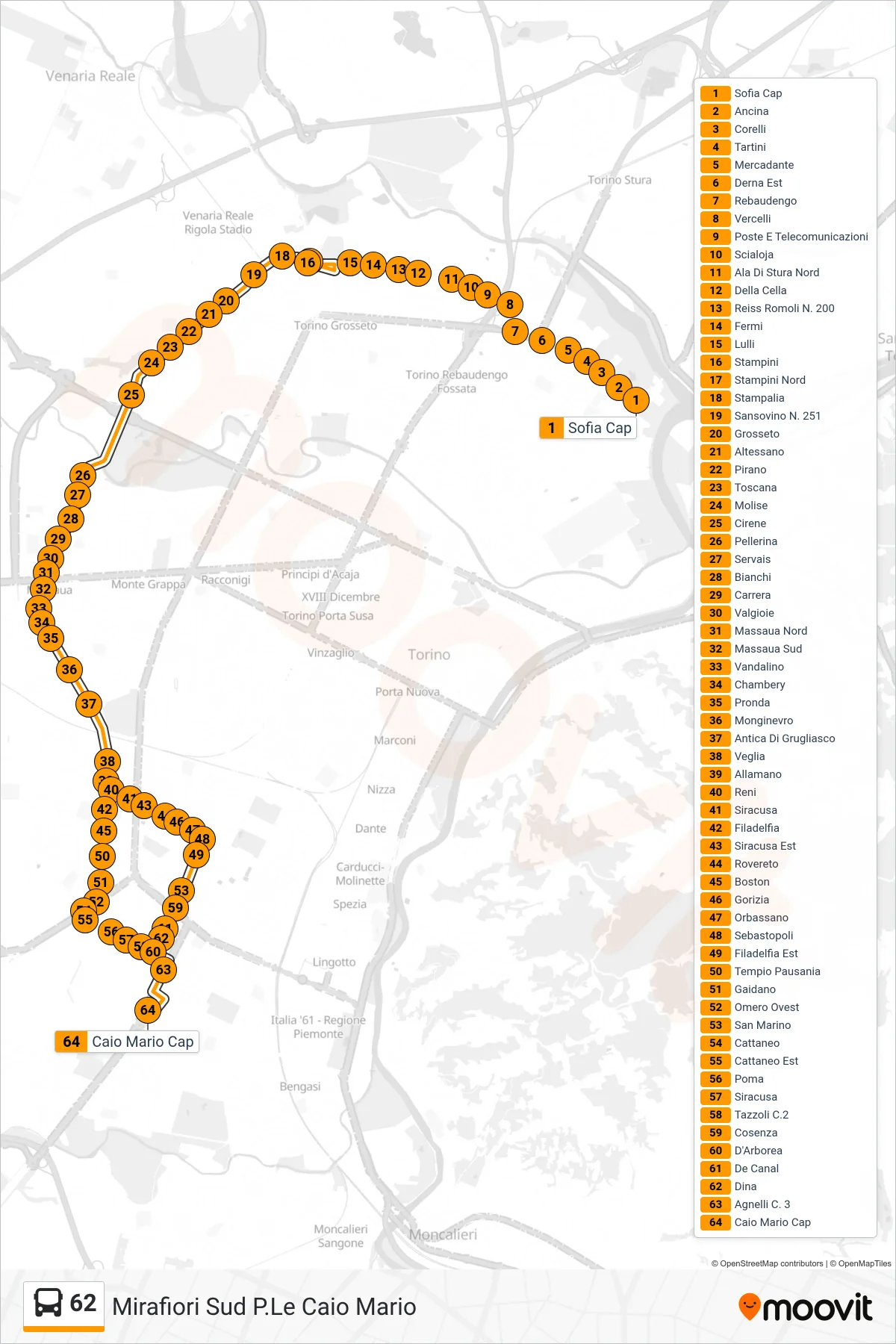 62 bus Line (Mirafiori South Caio Mario Square) route and stops on a map