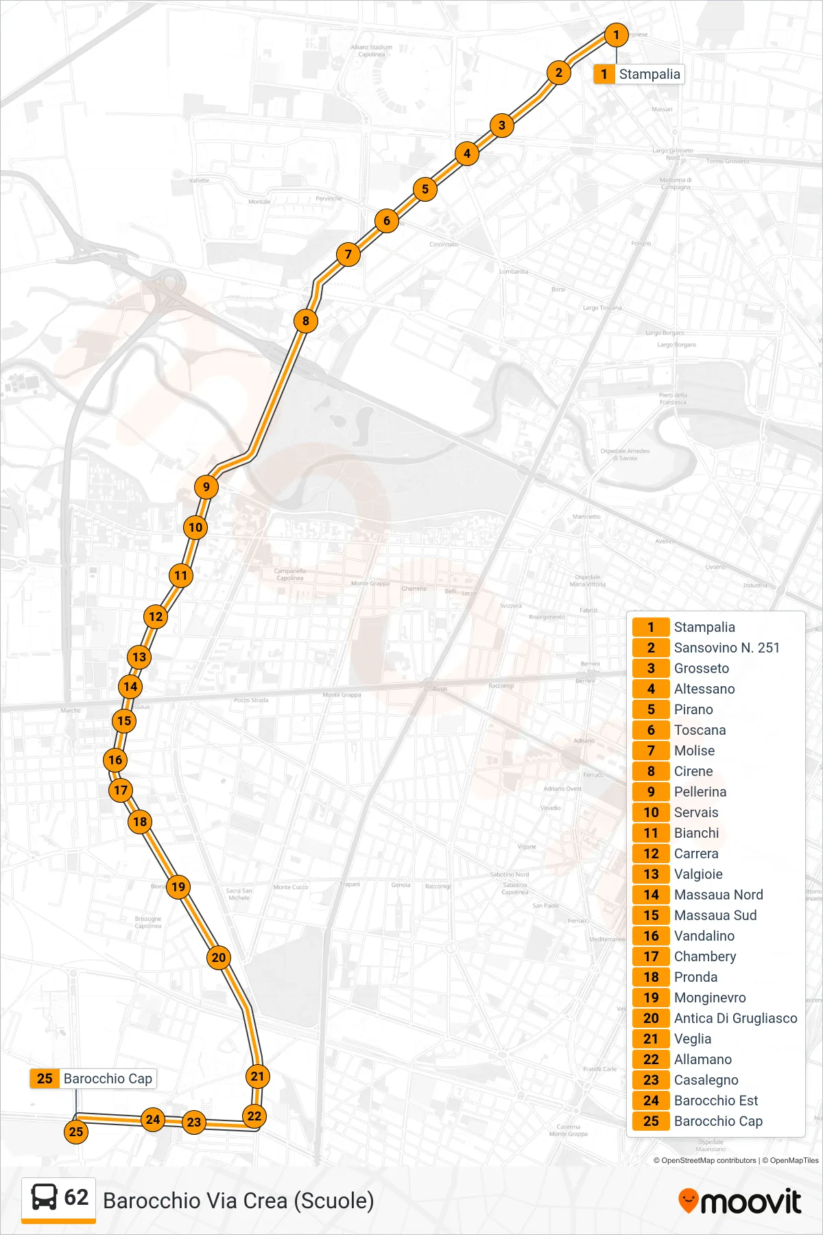 62 bus Line (Barocchio Via Crea (Schools)) route and stops on a map