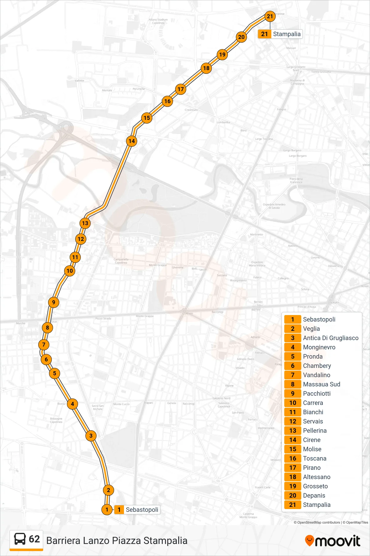 Linea 62 bus (Barriera Lanzo Piazza Stampalia) - Percorsi e fermate sulla mappa