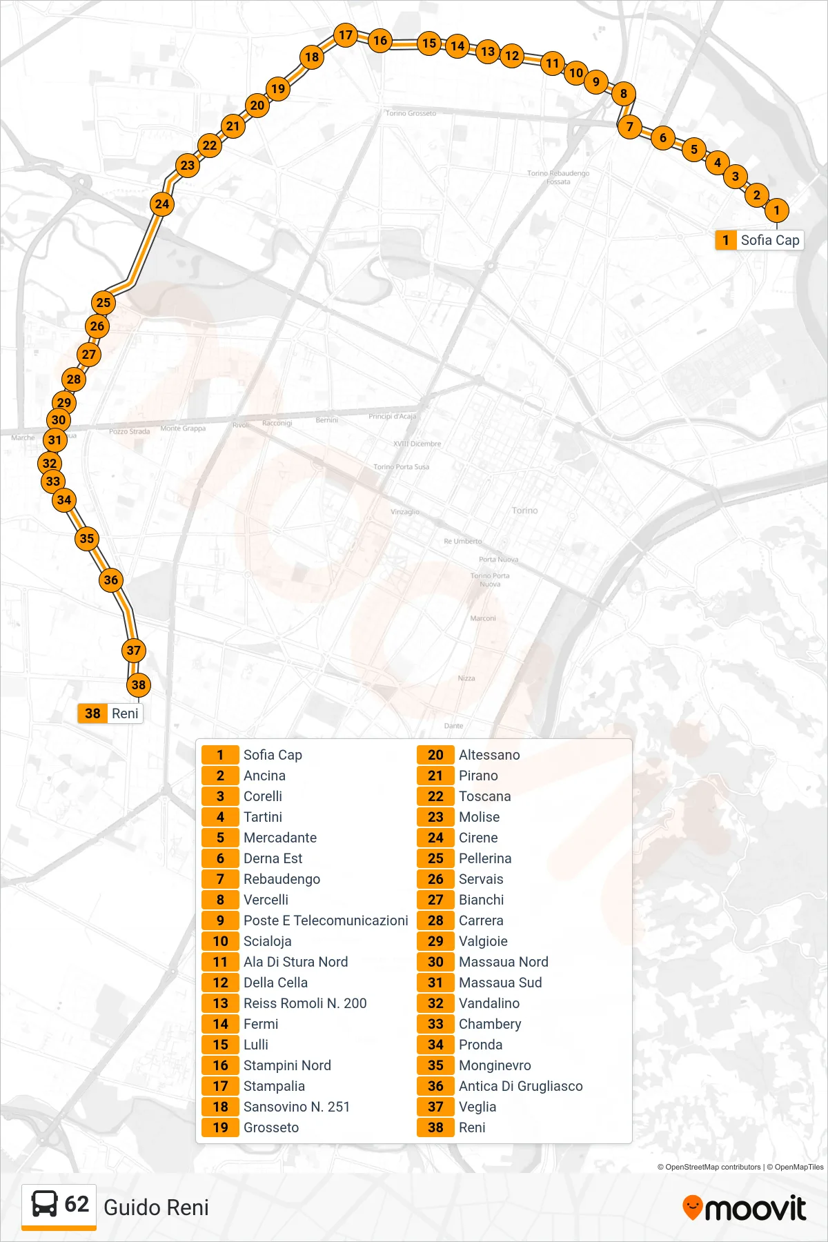 Linea 62 bus (Guido Reni) - Percorsi e fermate sulla mappa