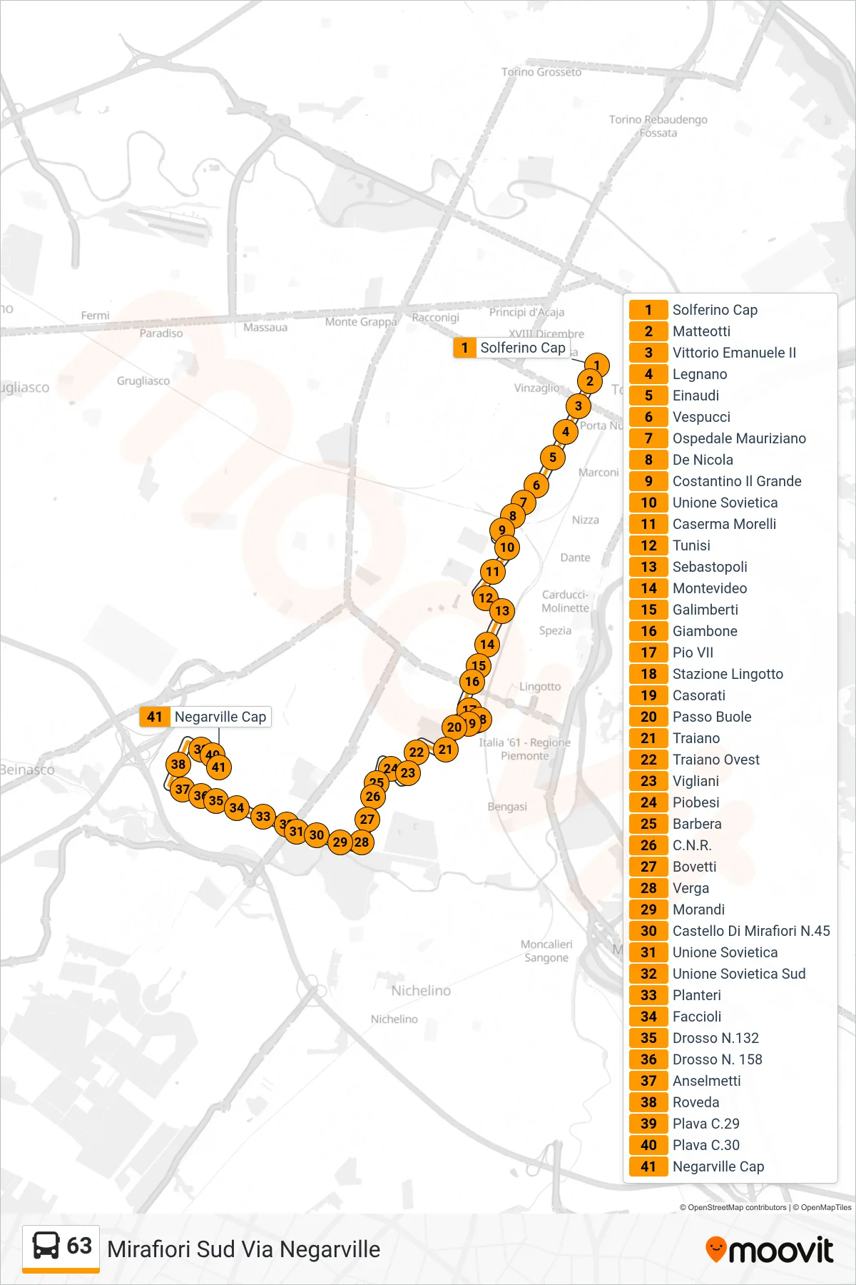 63 bus Line (Mirafiori South Via Negarville) route and stops on a map