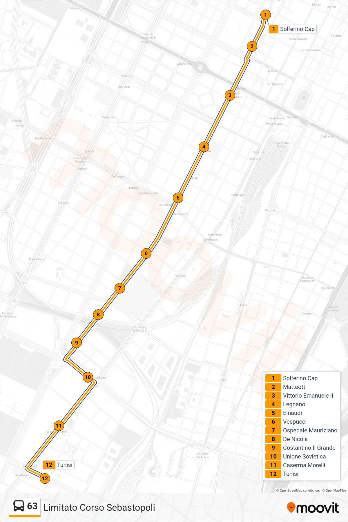 Linea 63 bus (Limitato Corso Sebastopoli) - Percorsi e fermate sulla mappa