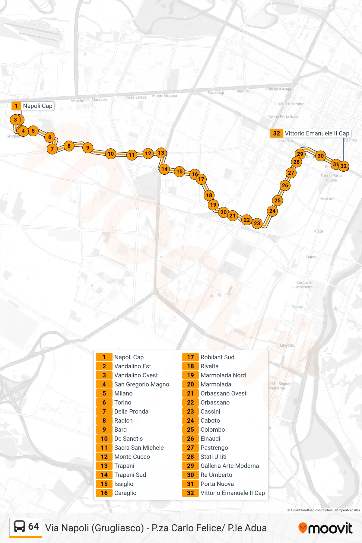 Linea 64 bus (Porta Nuova C. Vittorio Emanuele II) - Percorsi e fermate sulla mappa