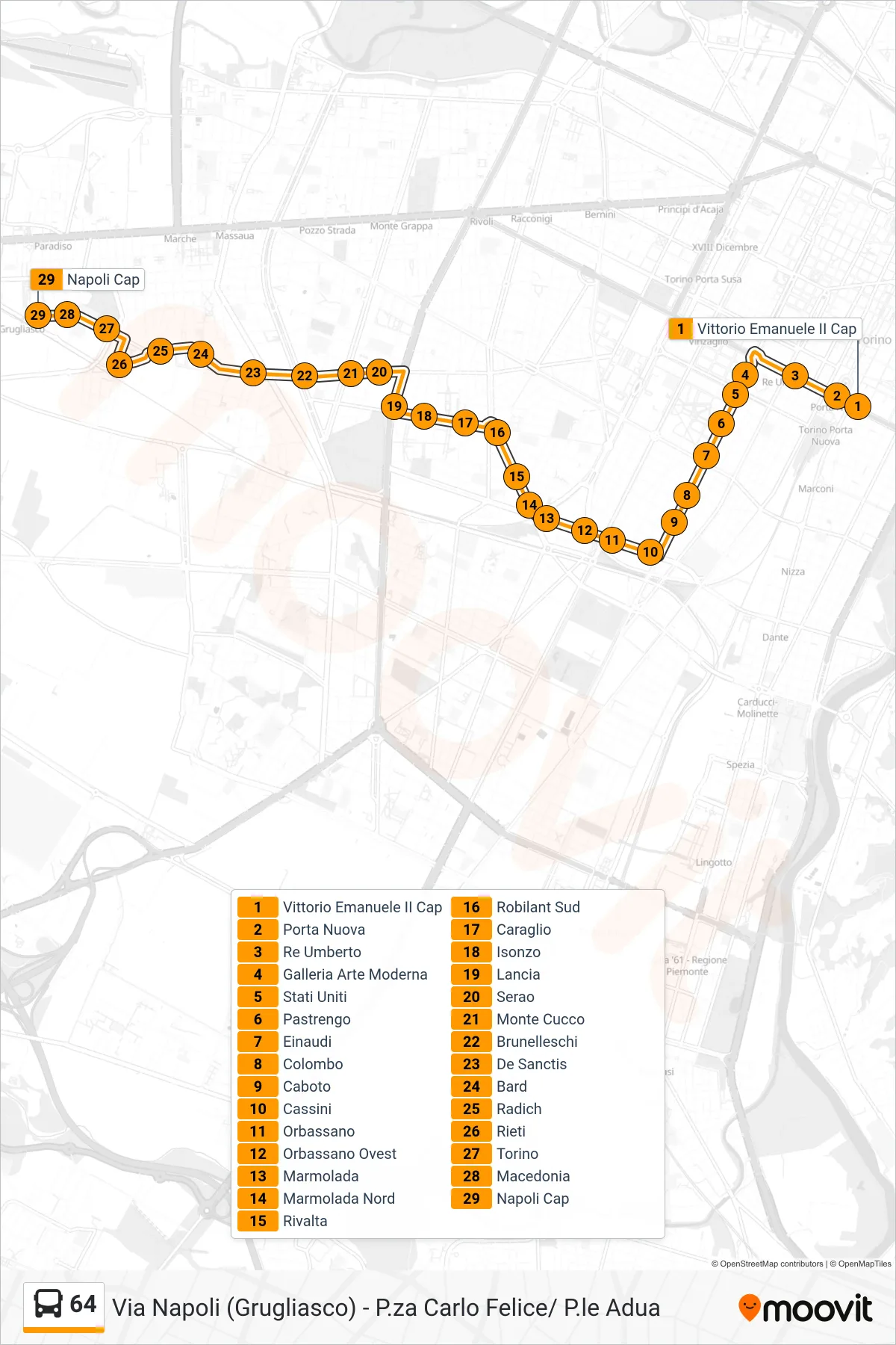 Linea 64 bus (Grugliasco Stazione) - Percorsi e fermate sulla mappa