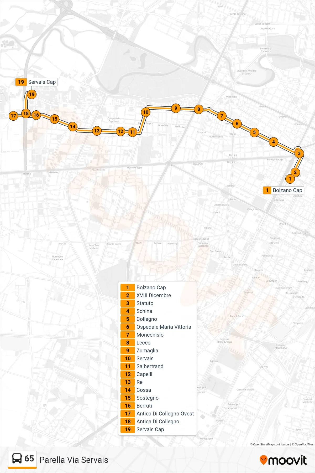 Linea 65  bus (Parella Via Servais) - Percorsi e fermate sulla mappa