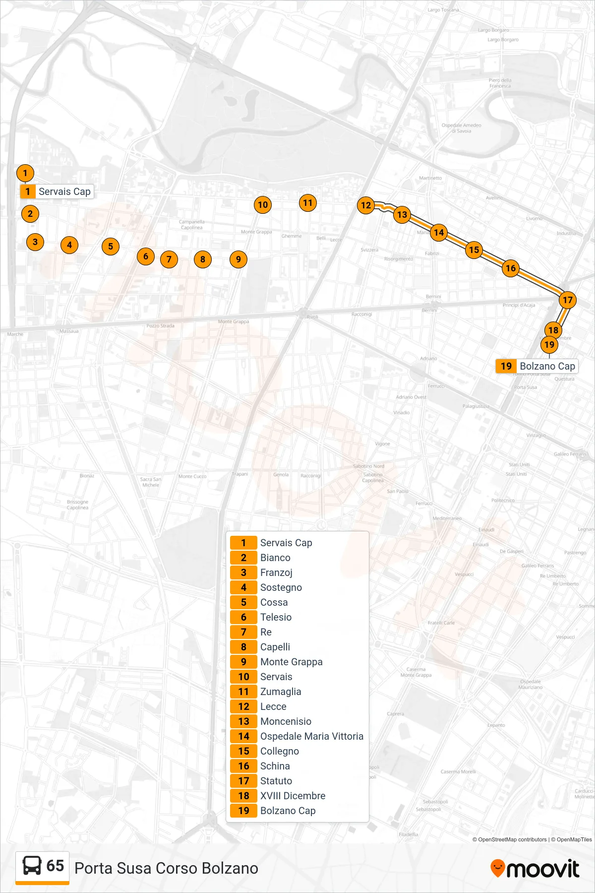 Linea 65 bus (Porta Susa Corso Bolzano) - Percorsi e fermate sulla mappa