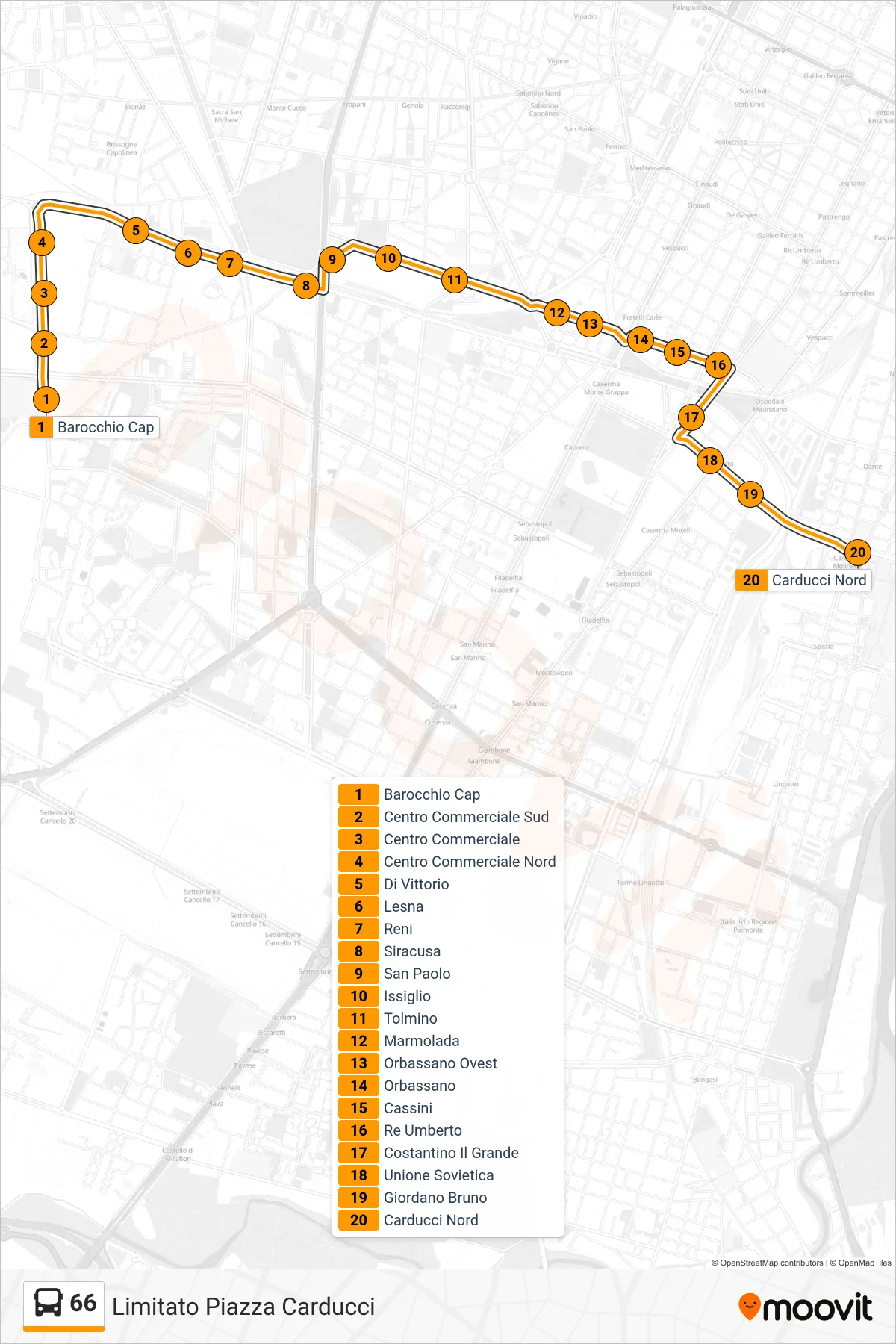 Linea 66  bus (Limitato Piazza Carducci) - Percorsi e fermate sulla mappa