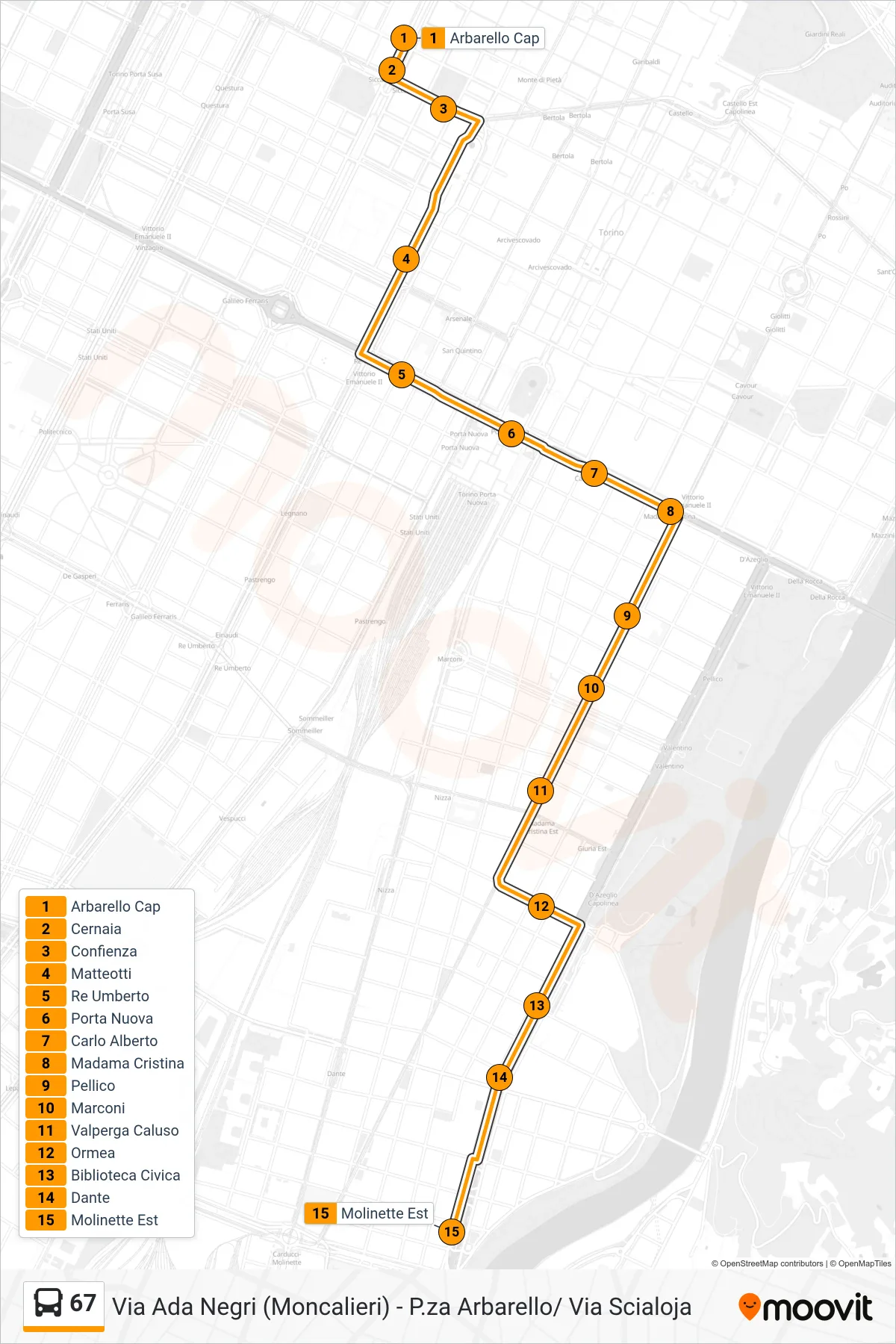 Linea 67  bus (Molinette Est) - Percorsi e fermate sulla mappa