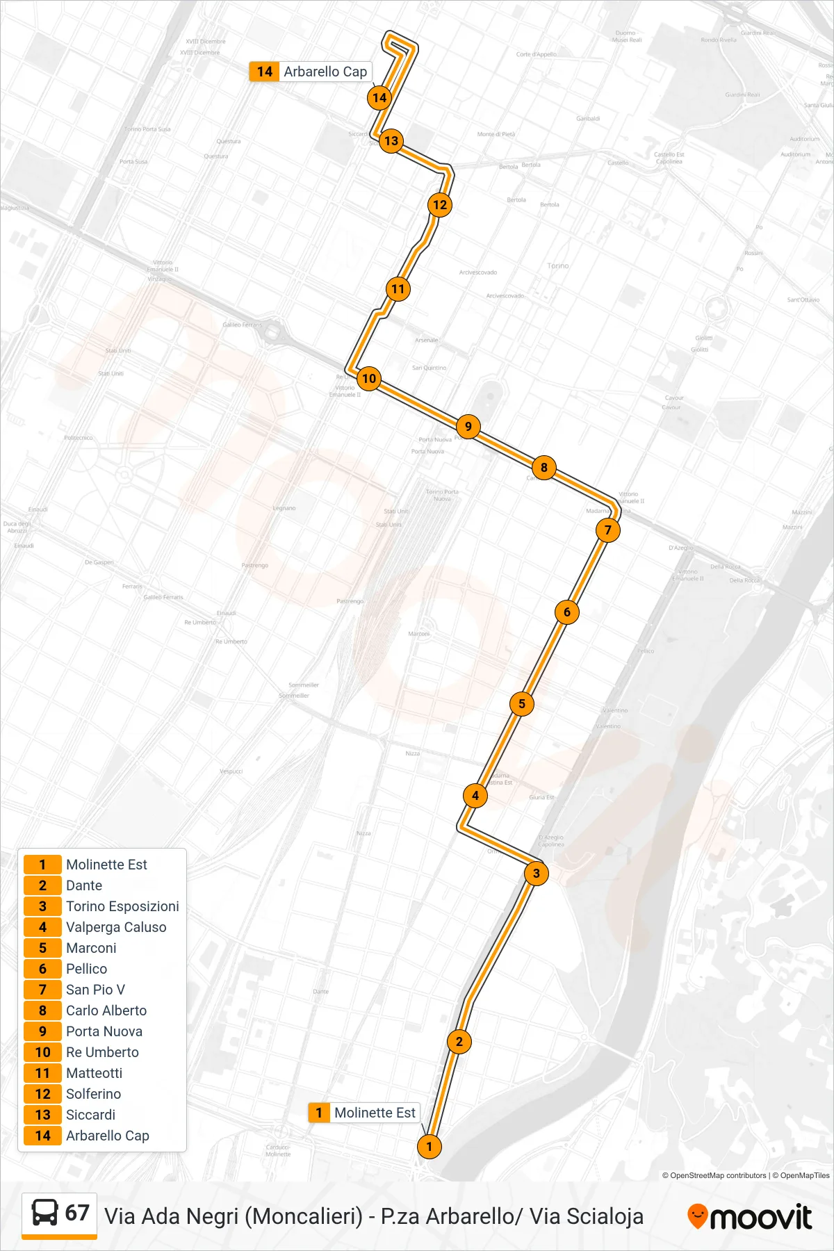 Linea 67  bus (Arbarello) - Percorsi e fermate sulla mappa