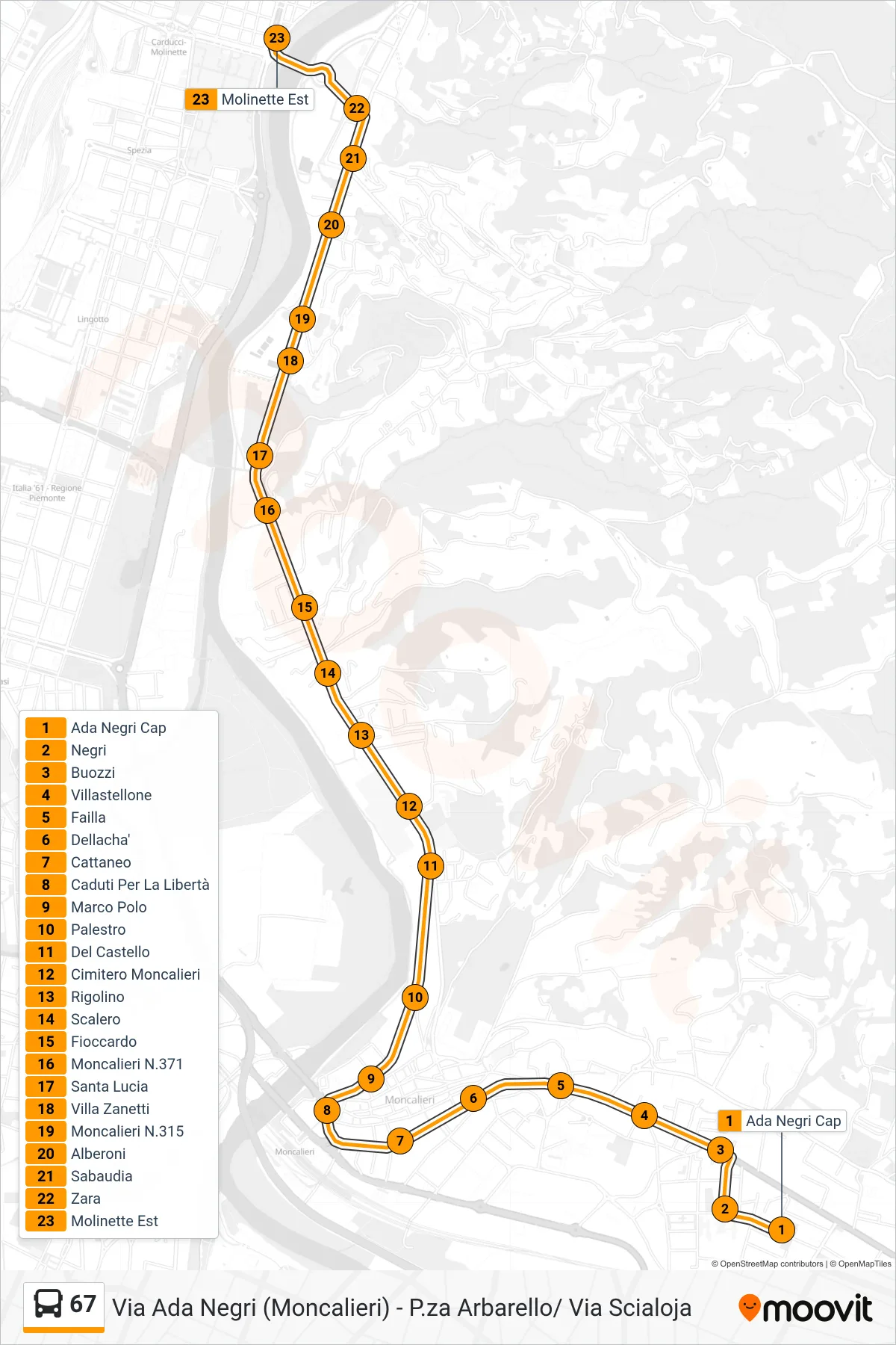 Linea 67  bus (Molinette Est) - Percorsi e fermate sulla mappa