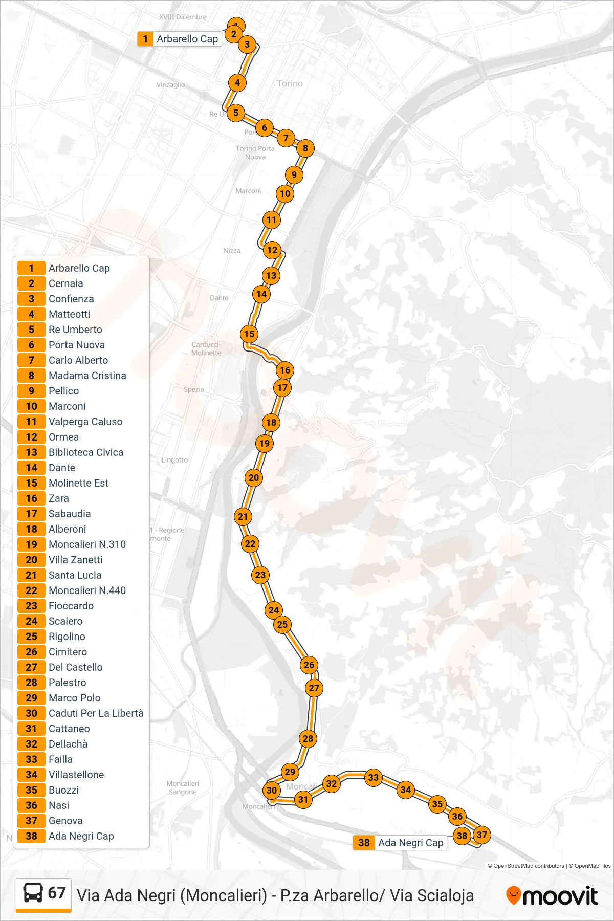 Linea 67  bus (Moncalieri Borgata Nasi - Via Negri) - Percorsi e fermate sulla mappa