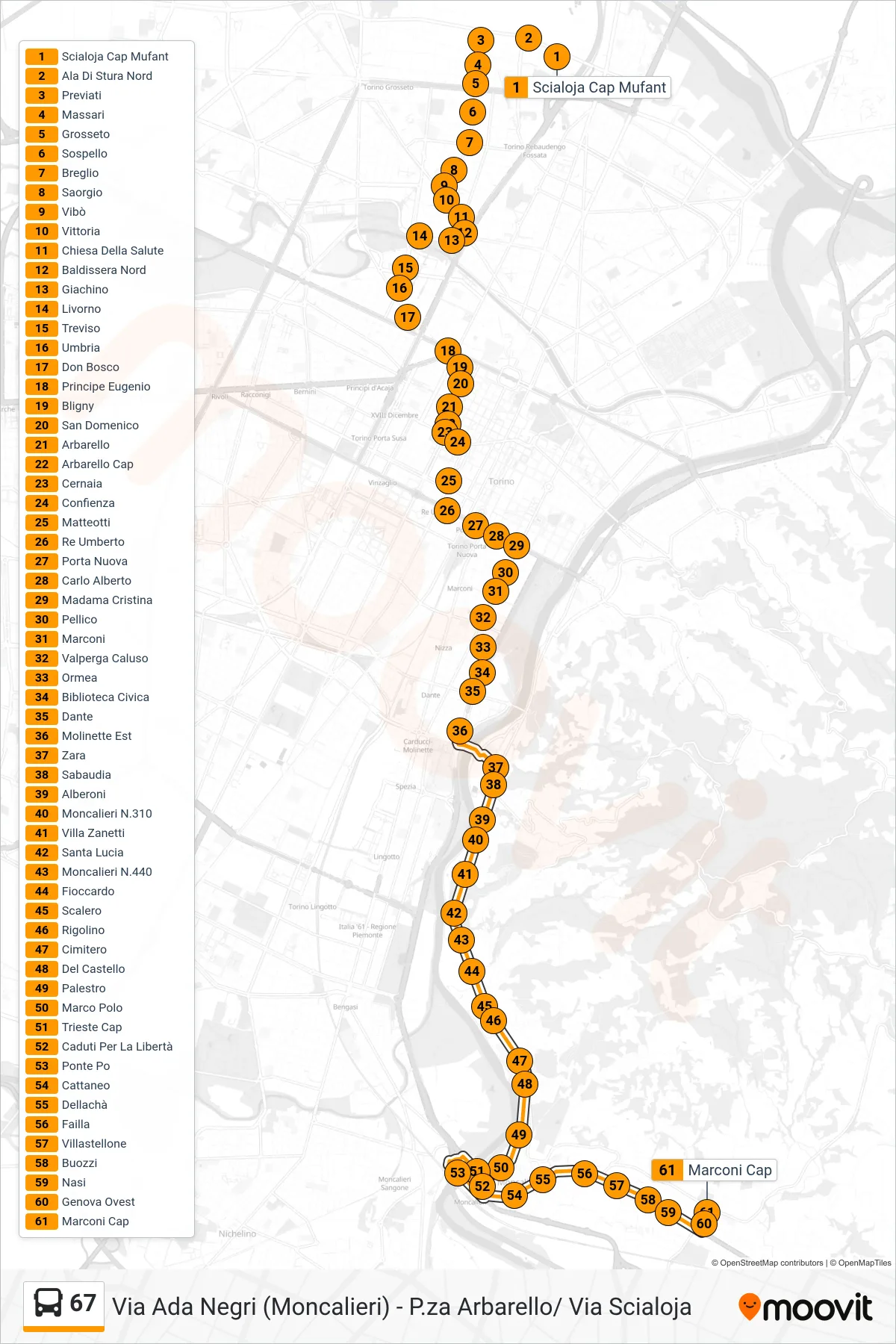 Linea 67 bus (Moncalieri Testona - Piazza Marconi) - Percorsi e fermate sulla mappa