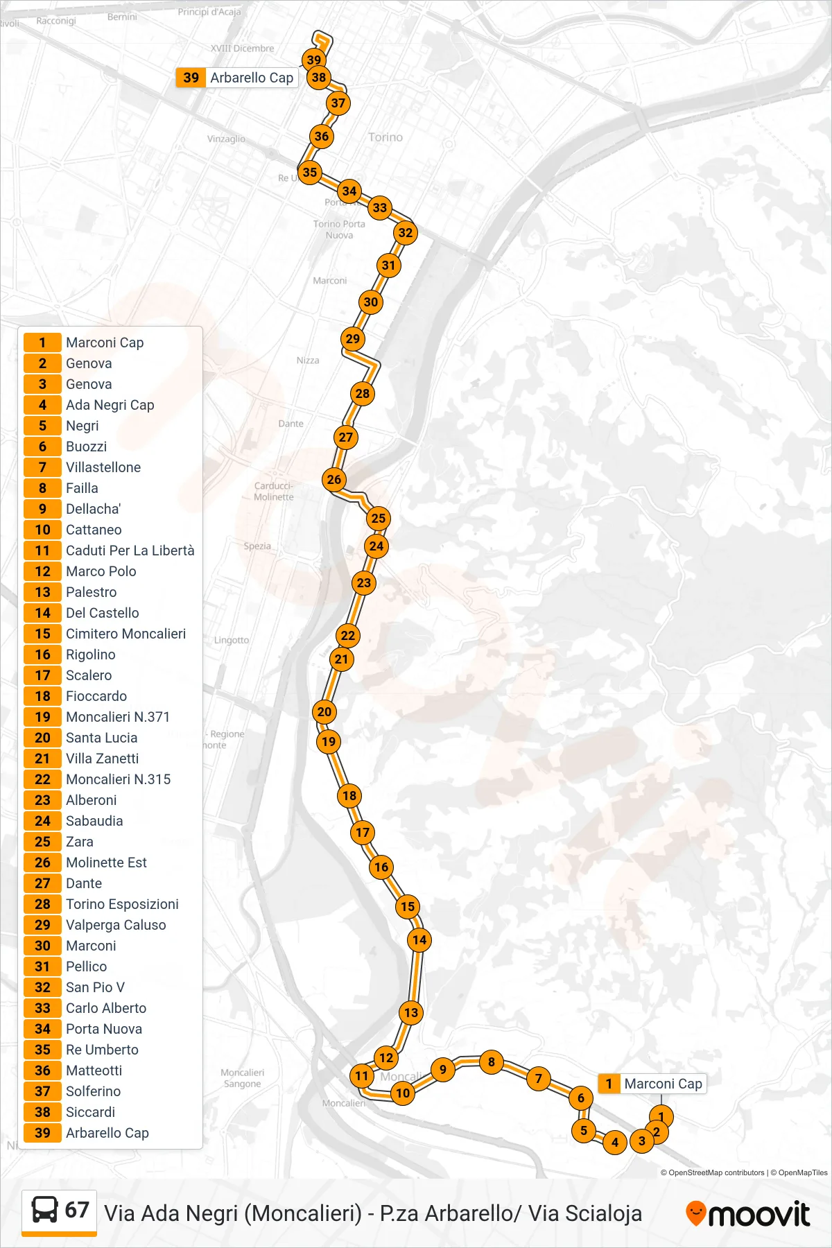 67 bus Line (Cittadella Piazza Arbarello) route and stops on a map