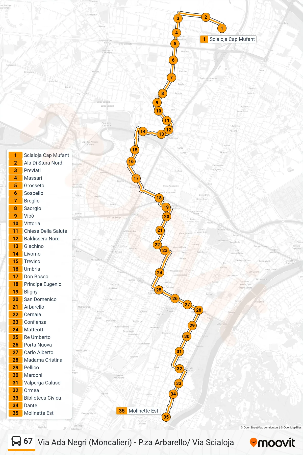 Linea 67 bus (Limitato Corso Bramante) - Percorsi e fermate sulla mappa