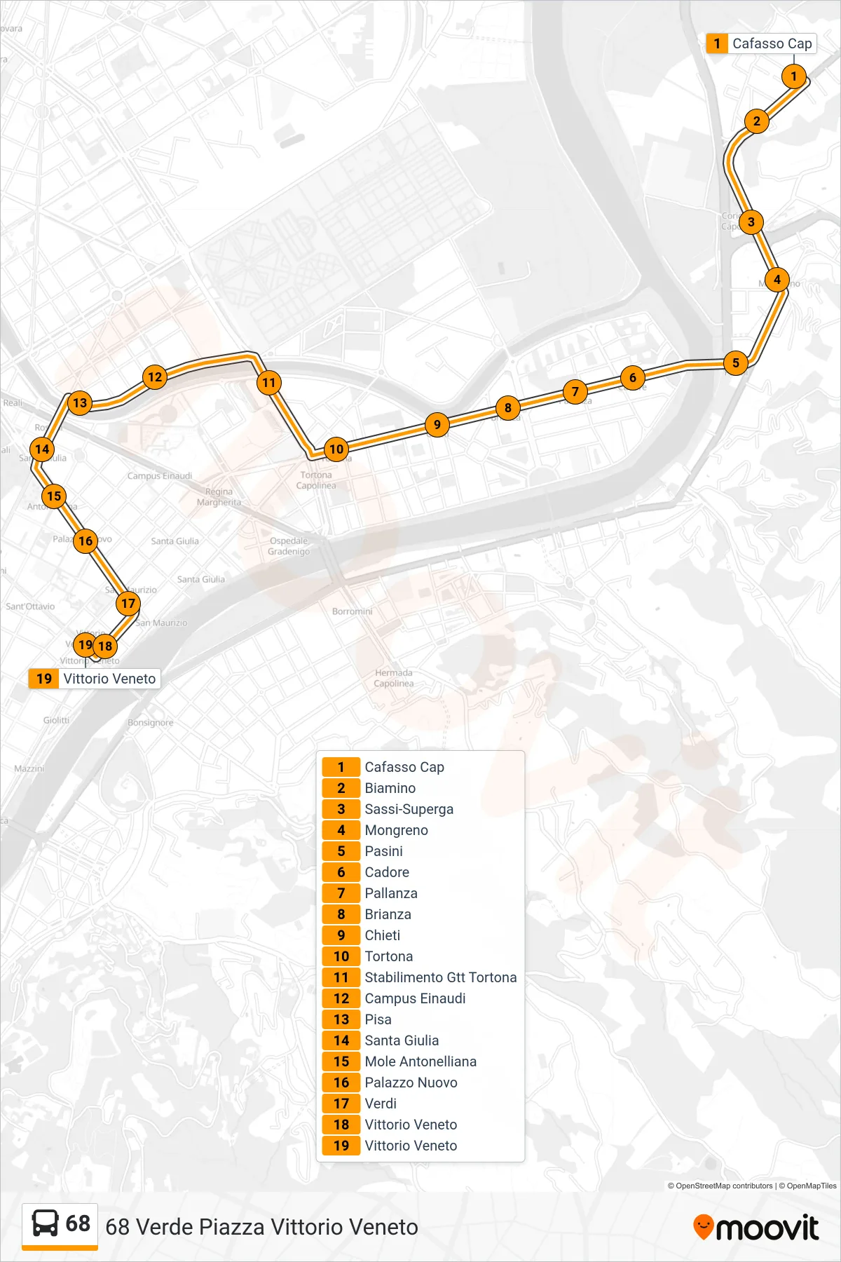 Linea 68  bus (68 Verde Piazza Vittorio Veneto) - Percorsi e fermate sulla mappa