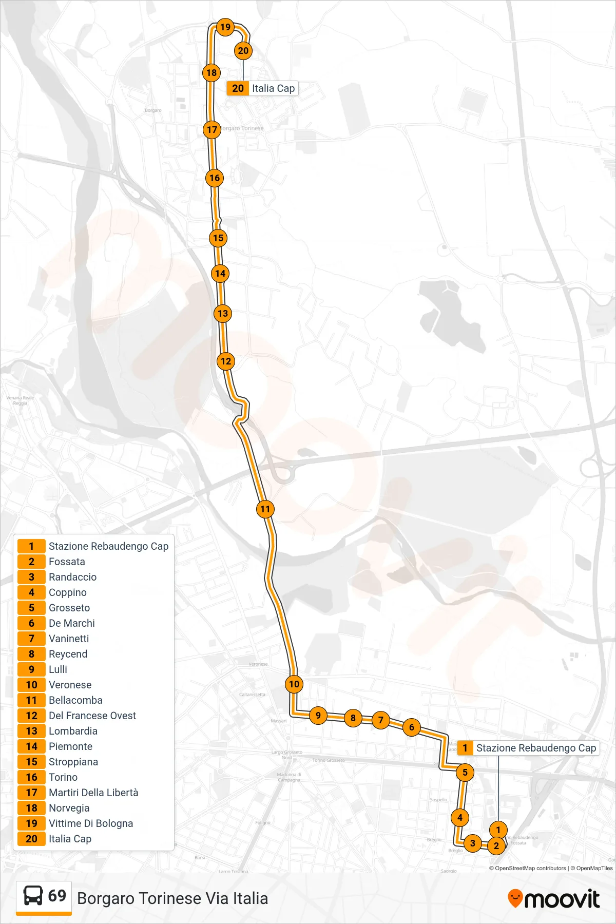 Linea 69  bus (Borgaro Torinese Via Italia) - Percorsi e fermate sulla mappa