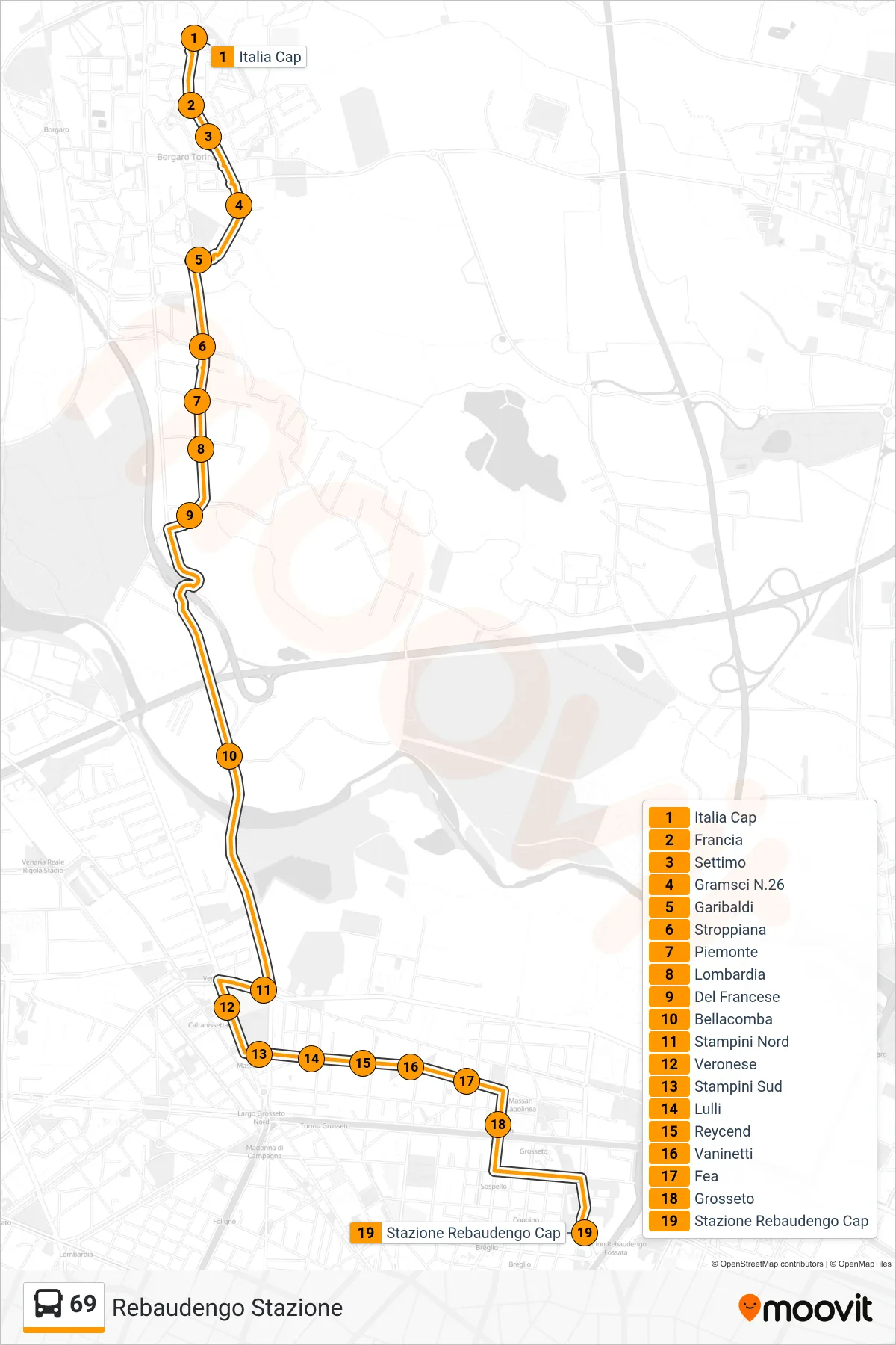 Linea 69 bus (Rebaudengo Stazione) - Percorsi e fermate sulla mappa