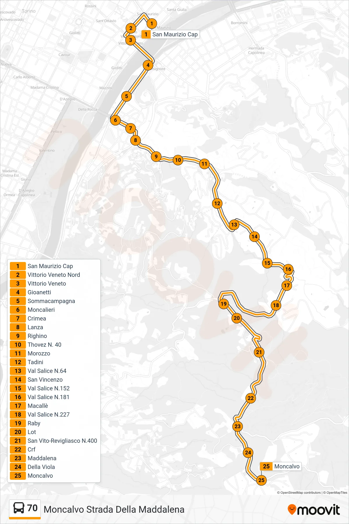 Linea 70 bus (Moncalvo Strada Della Maddalena) - Percorsi e fermate sulla mappa
