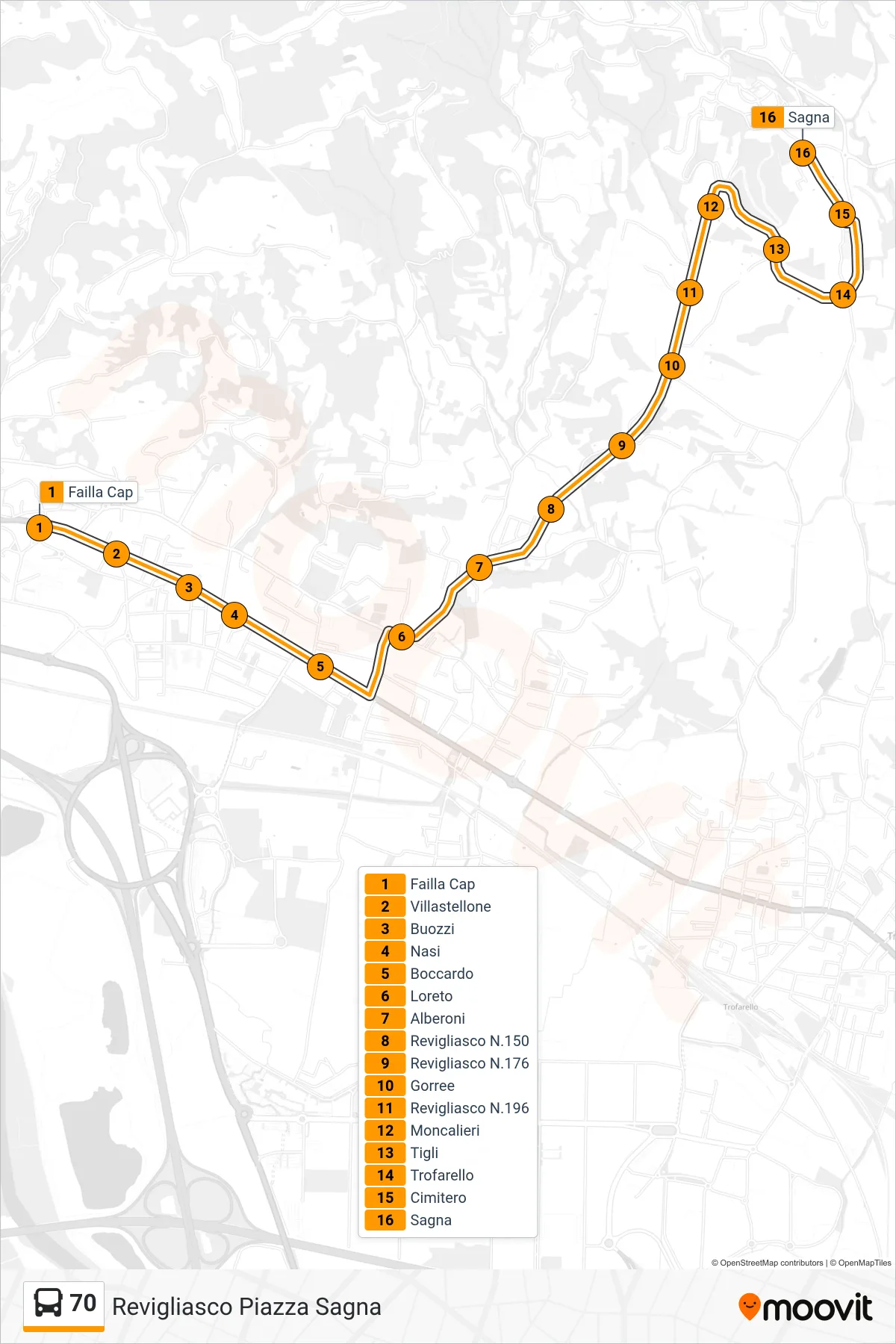 Linea 70 bus (Revigliasco Piazza Sagna) - Percorsi e fermate sulla mappa