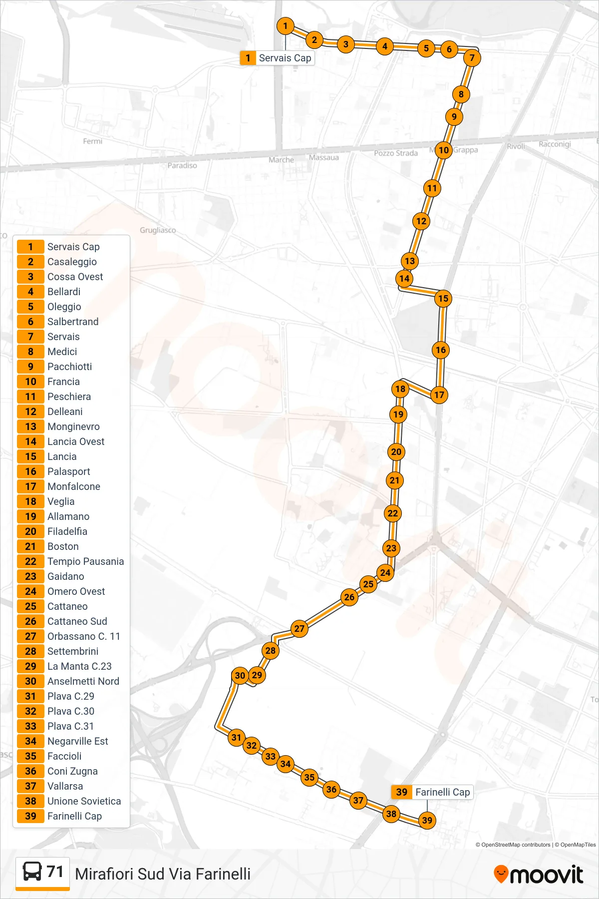 Linea 71 bus (Mirafiori Sud Via Farinelli) - Percorsi e fermate sulla mappa