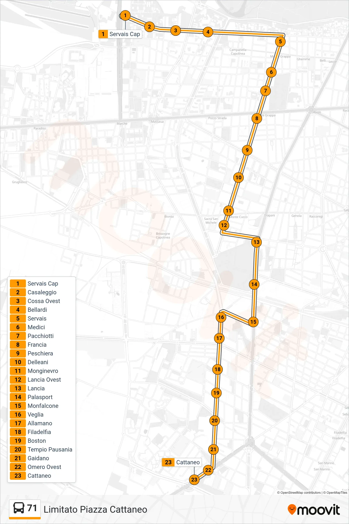 Linea 71  bus (Limitato Piazza Cattaneo) - Percorsi e fermate sulla mappa
