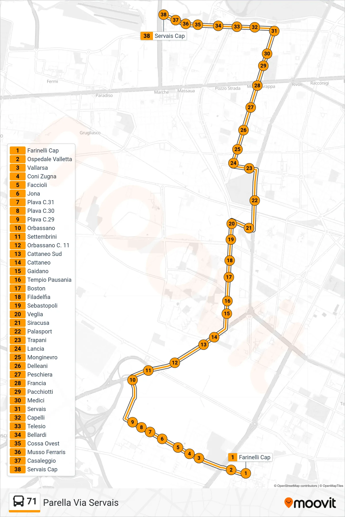 Linea 71  bus (Parella Via Servais) - Percorsi e fermate sulla mappa