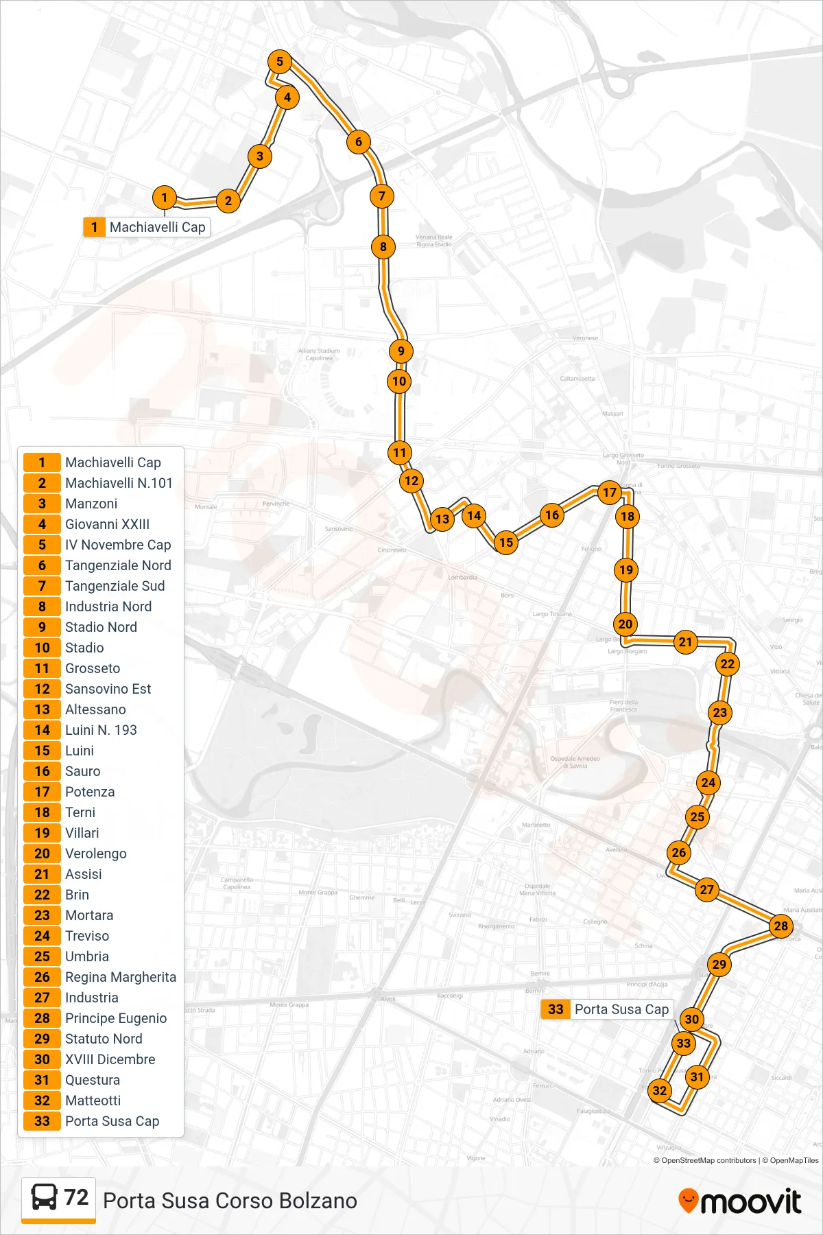 Linea 72 bus (Porta Susa Corso Bolzano) - Percorsi e fermate sulla mappa