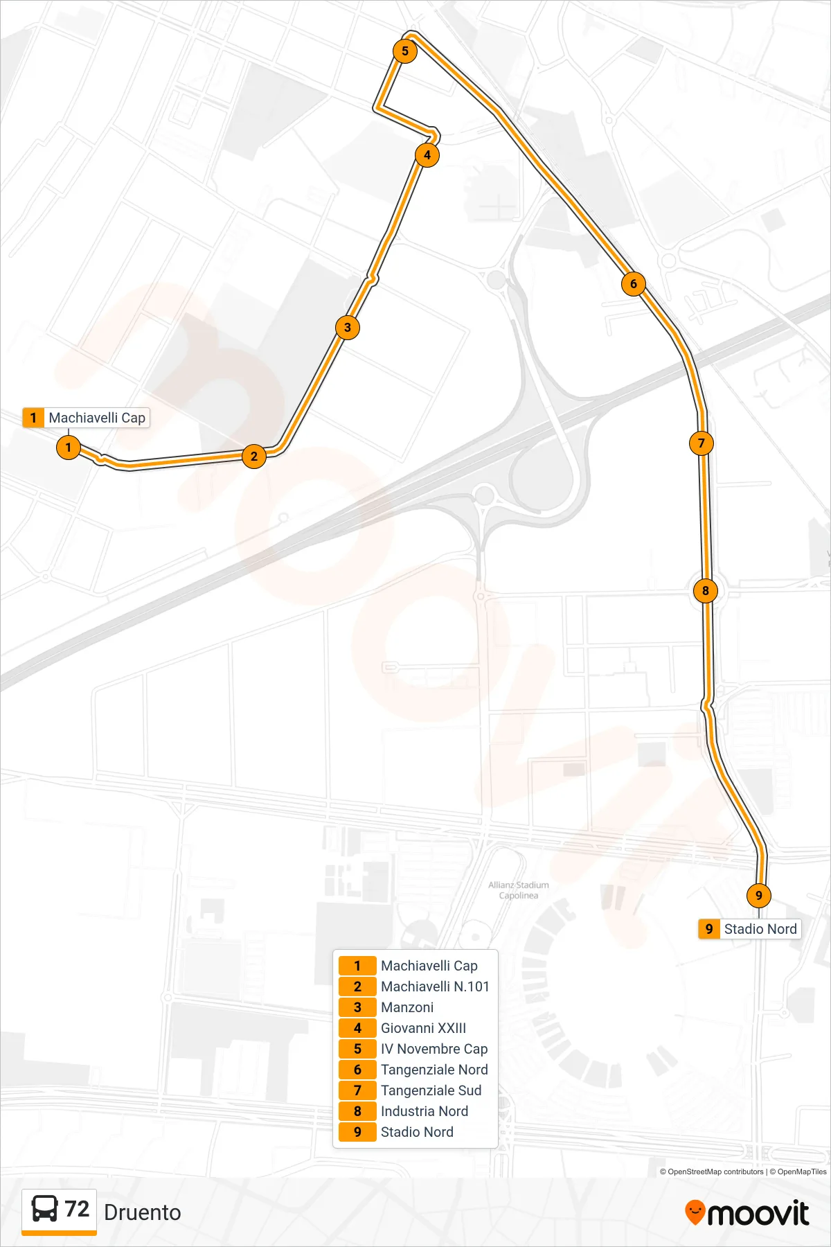 Linea 72  bus (Druento) - Percorsi e fermate sulla mappa