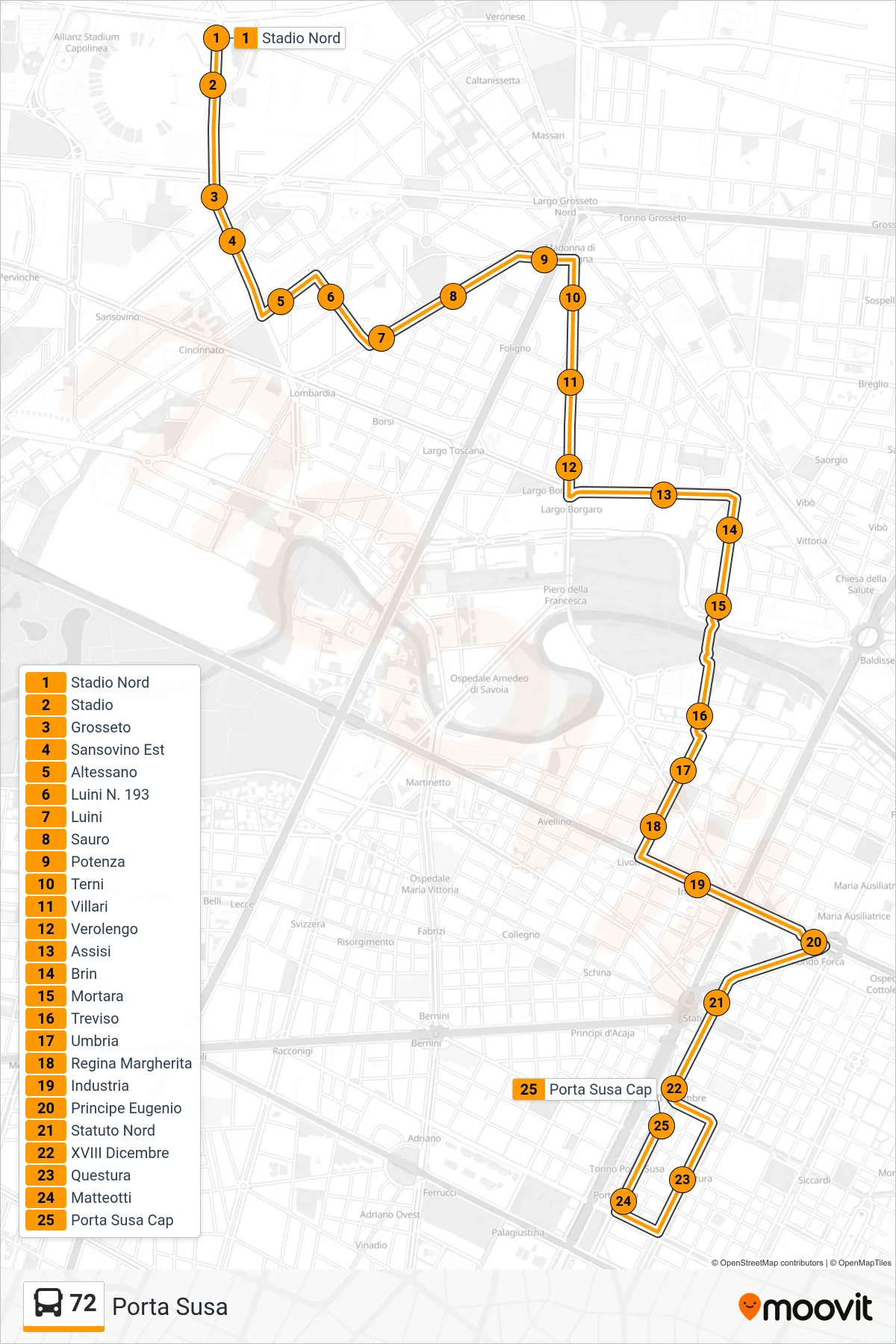 72 bus Line (Porta Susa) route and stops on a map