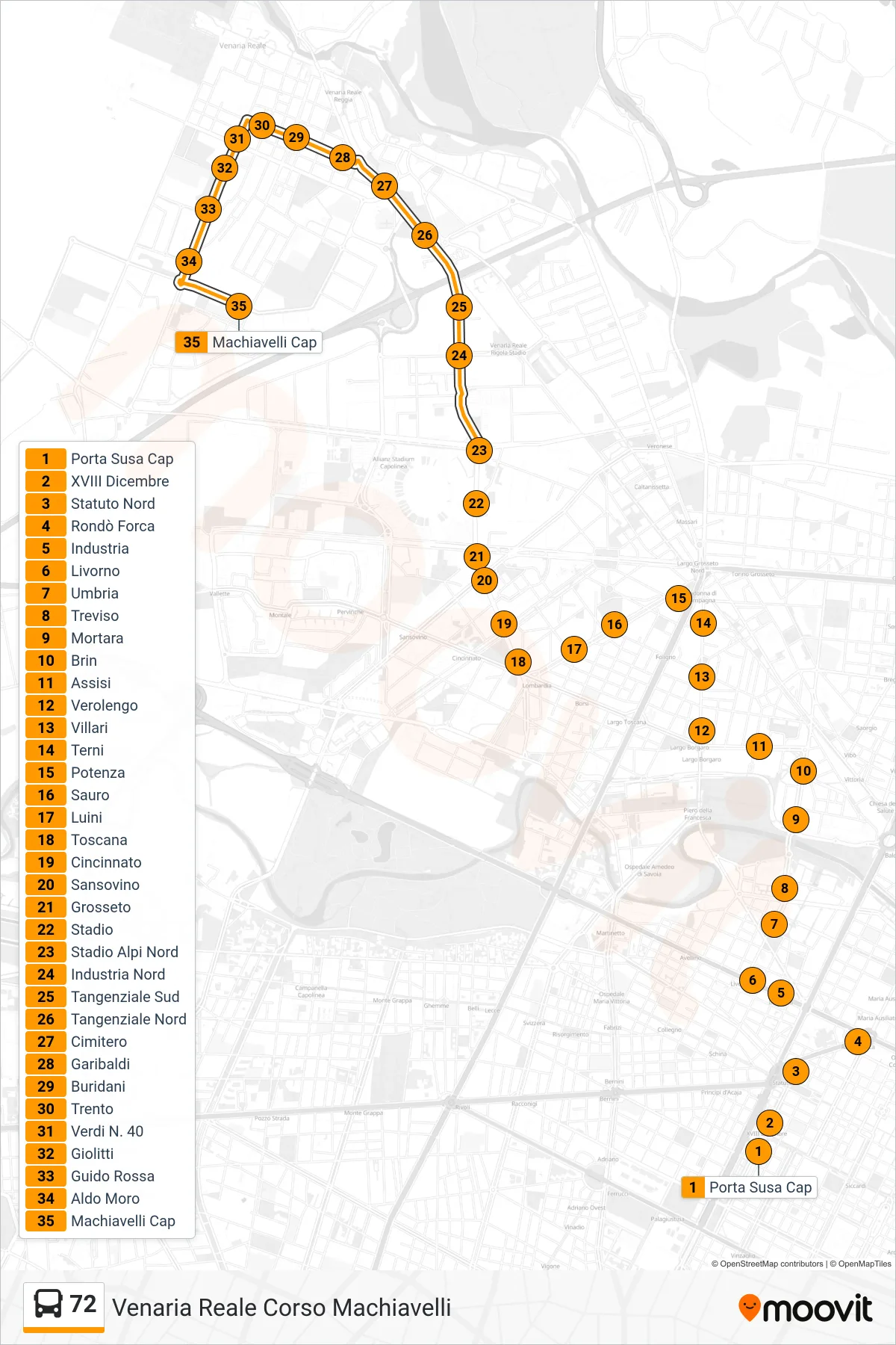 Linea 72 bus (Venaria Reale Corso Machiavelli) - Percorsi e fermate sulla mappa