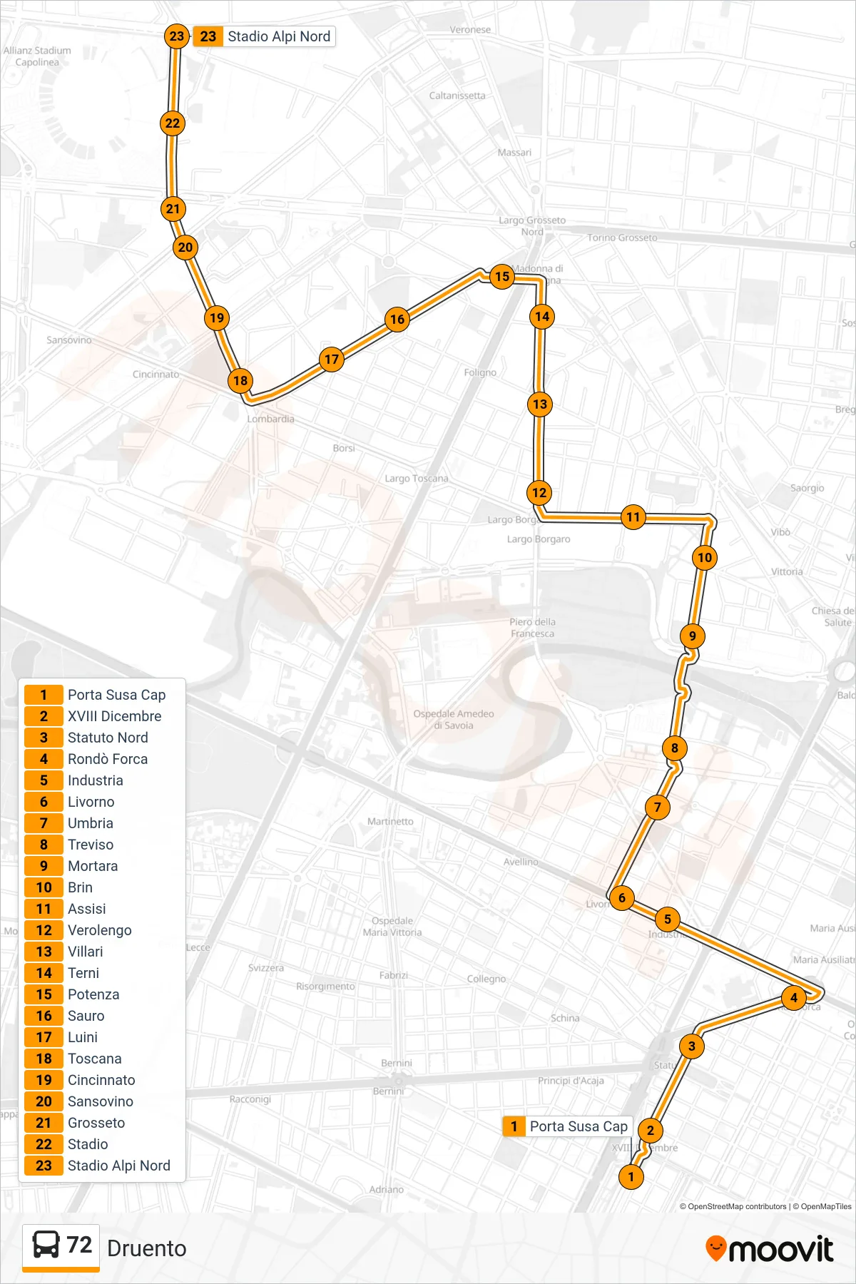 Linea 72  bus (Druento) - Percorsi e fermate sulla mappa