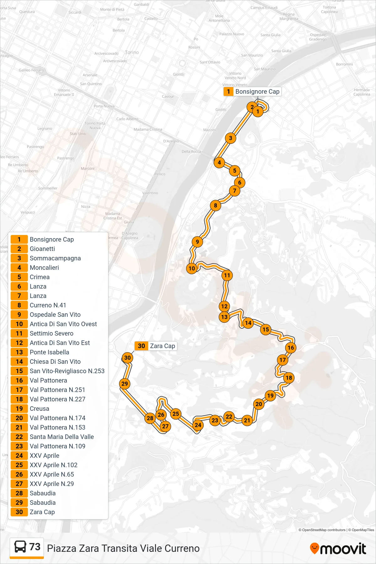 Linea 73 bus (Piazza Zara Transita Viale Curreno) - Percorsi e fermate sulla mappa