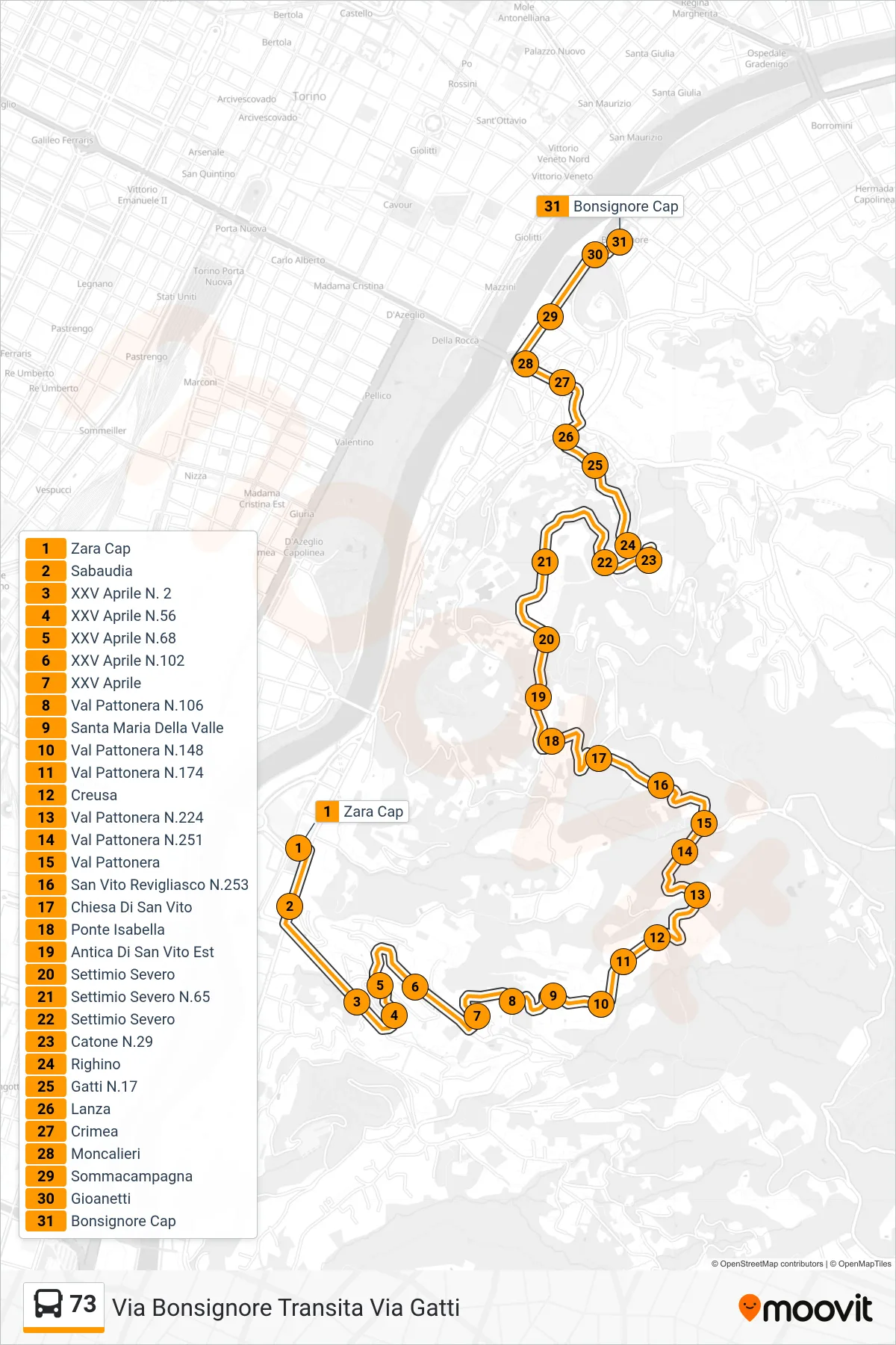 Linea 73  bus (Via Bonsignore Transita Via Gatti) - Percorsi e fermate sulla mappa