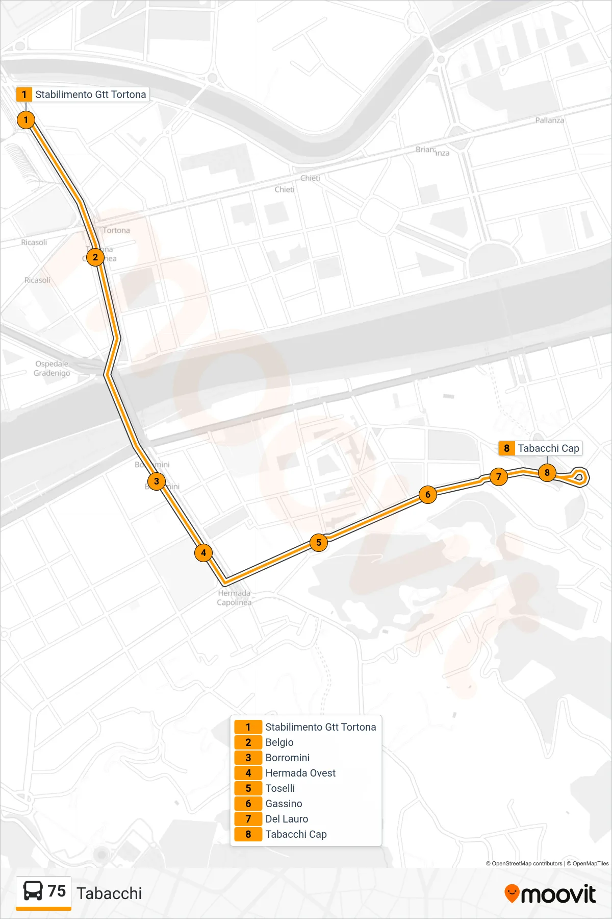 Linea 75 bus (Tabacchi) - Percorsi e fermate sulla mappa