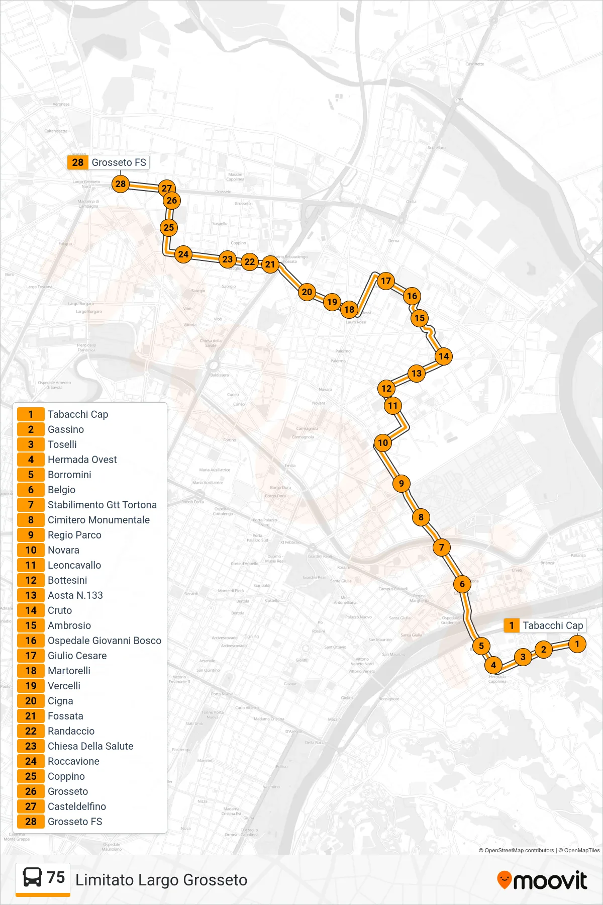 Linea 75 bus (Limitato Largo Grosseto) - Percorsi e fermate sulla mappa