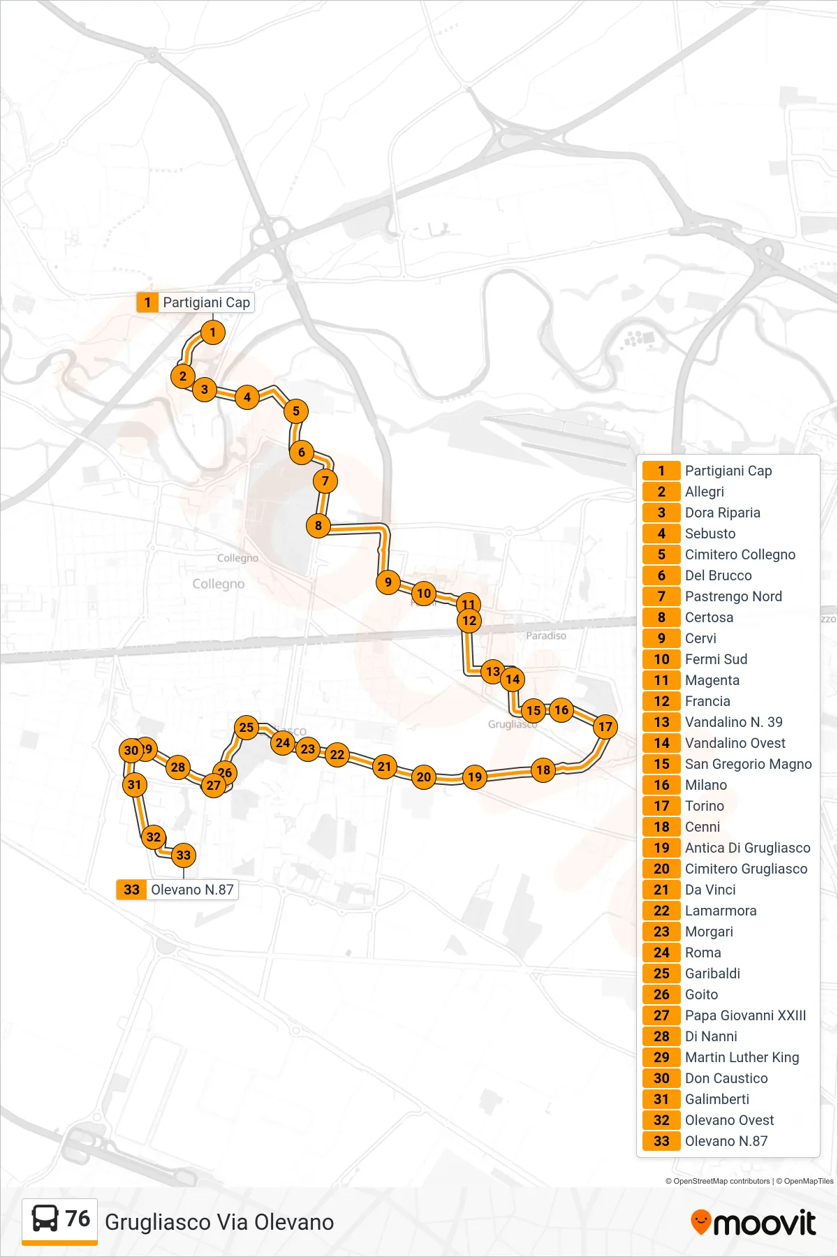 Linea 76  bus (Grugliasco Via Olevano) - Percorsi e fermate sulla mappa