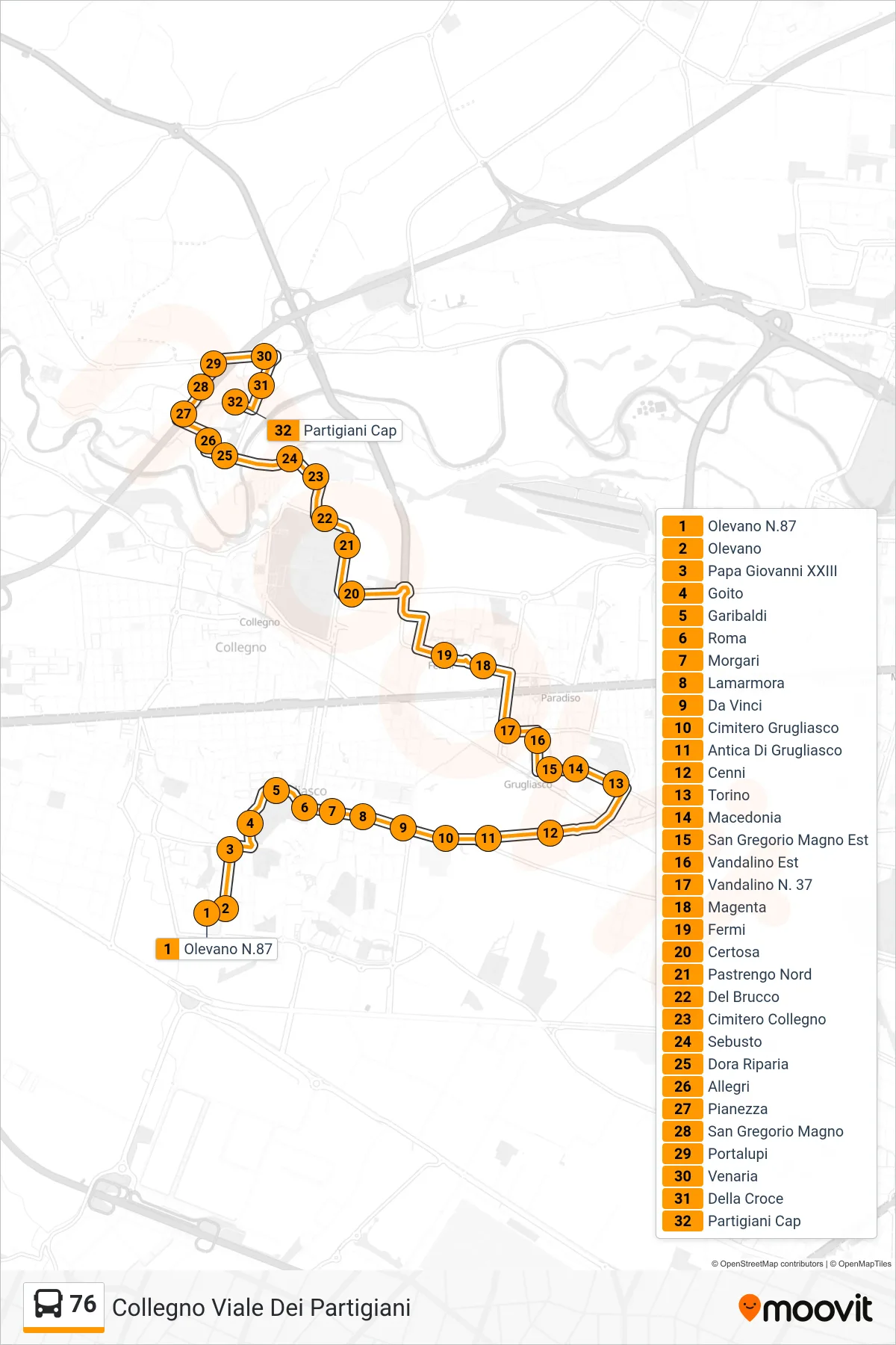 Linea 76 bus (Collegno Viale Dei Partigiani) - Percorsi e fermate sulla mappa