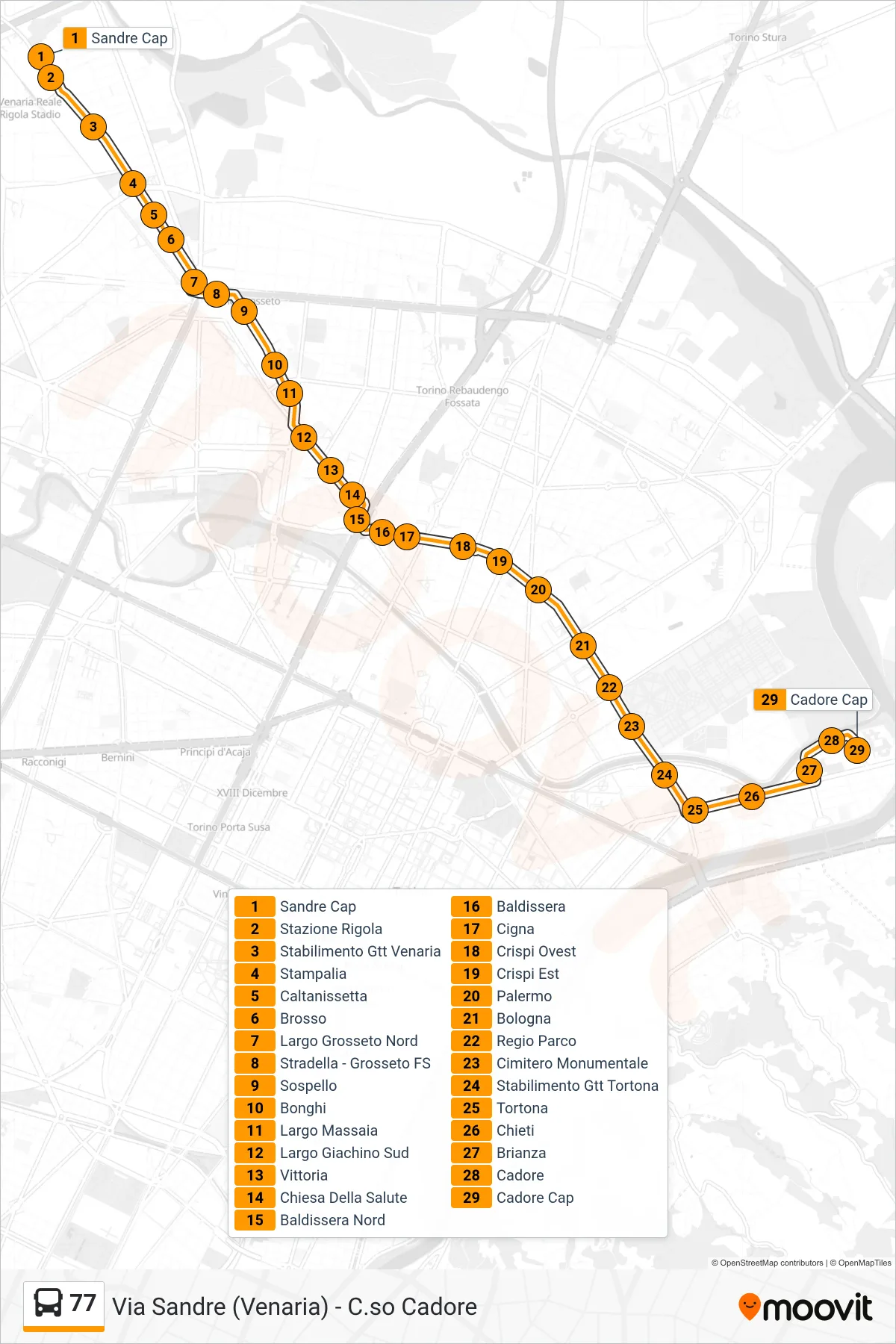 Linea 77  bus (Vanchiglietta Corso Cadore) - Percorsi e fermate sulla mappa