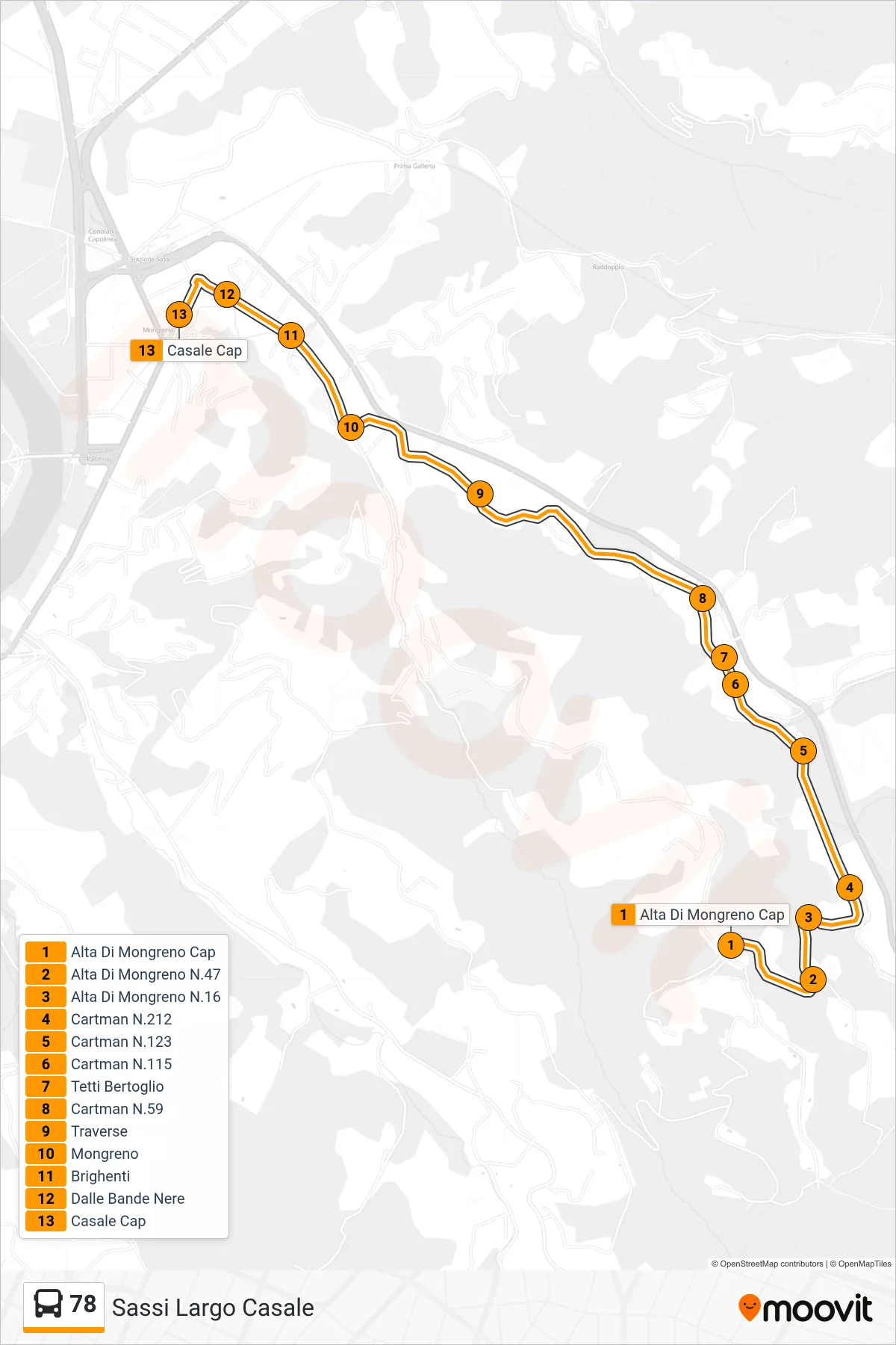 Linea 78  bus (Sassi Largo Casale) - Percorsi e fermate sulla mappa