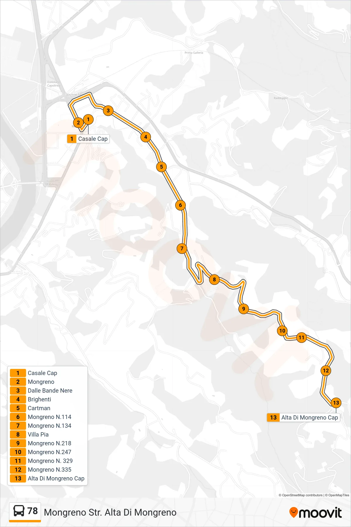 Linea 78 bus (Mongreno Str. Alta Di Mongreno) - Percorsi e fermate sulla mappa