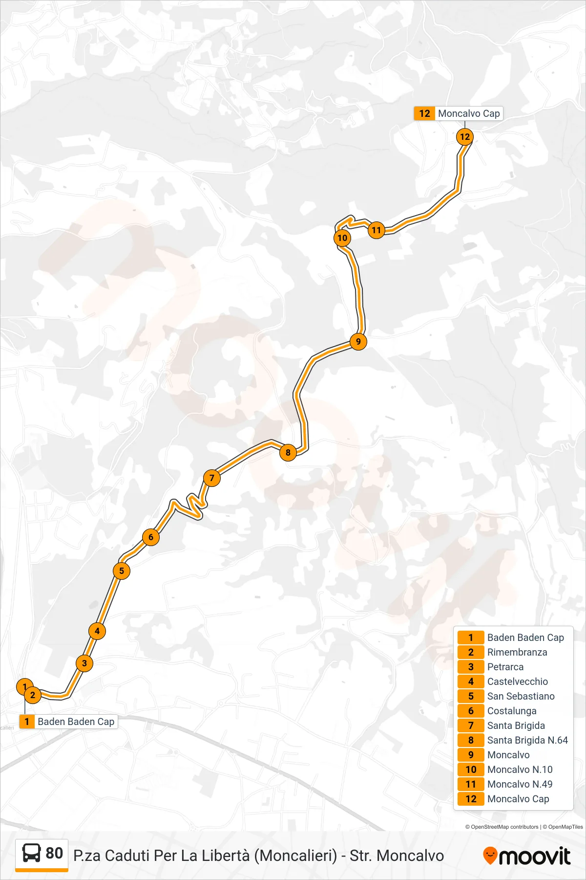 Linea 80  bus (Moncalvo Strada Maddalena) - Percorsi e fermate sulla mappa