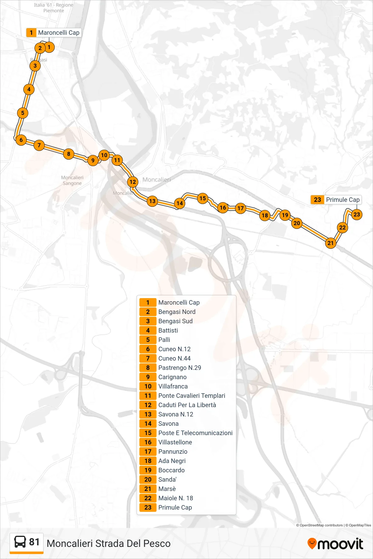 Linea 81 bus (Moncalieri Strada Del Pesco) - Percorsi e fermate sulla mappa