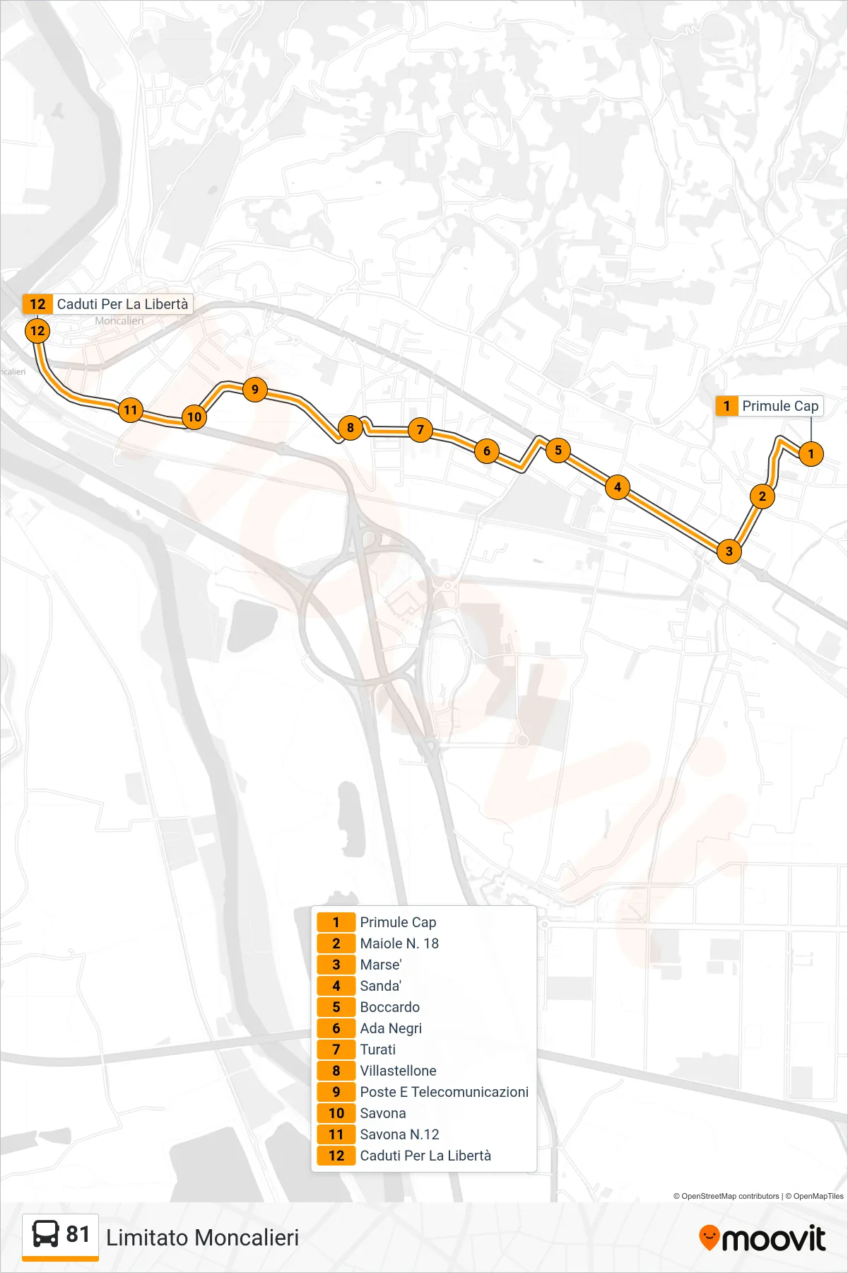 Linea 81 bus (Limitato Moncalieri) - Percorsi e fermate sulla mappa