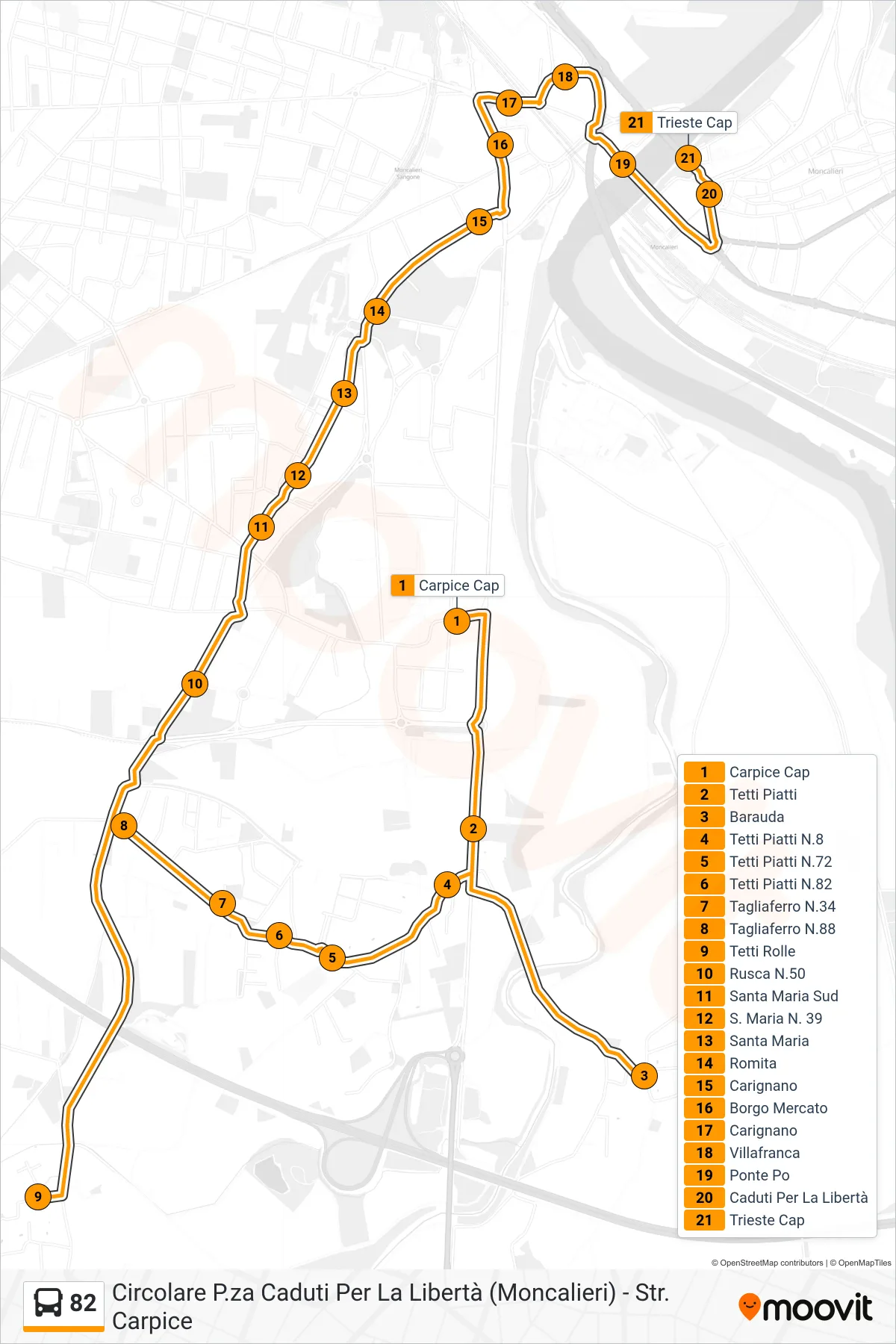 Linea 82 bus (Moncalieri Corso Trieste) - Percorsi e fermate sulla mappa