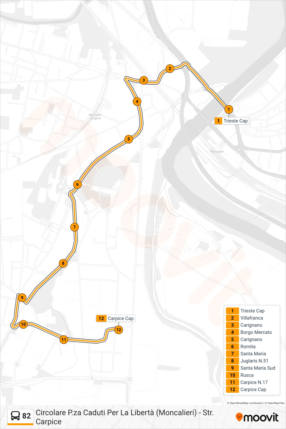 Linea 82 bus (Moncalieri Strada Carpice) - Percorsi e fermate sulla mappa