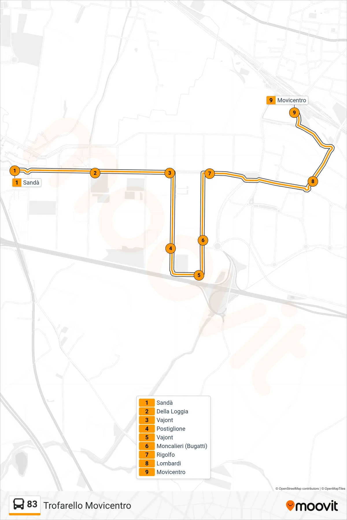 Linea 83  bus (Trofarello Movicentro) - Percorsi e fermate sulla mappa