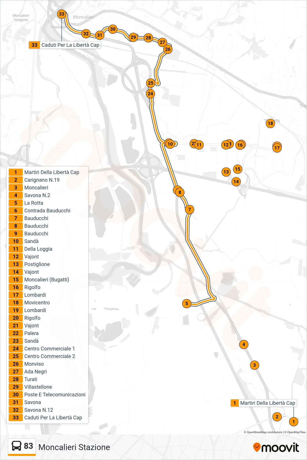 Linea 83 bus (Moncalieri Stazione) - Percorsi e fermate sulla mappa