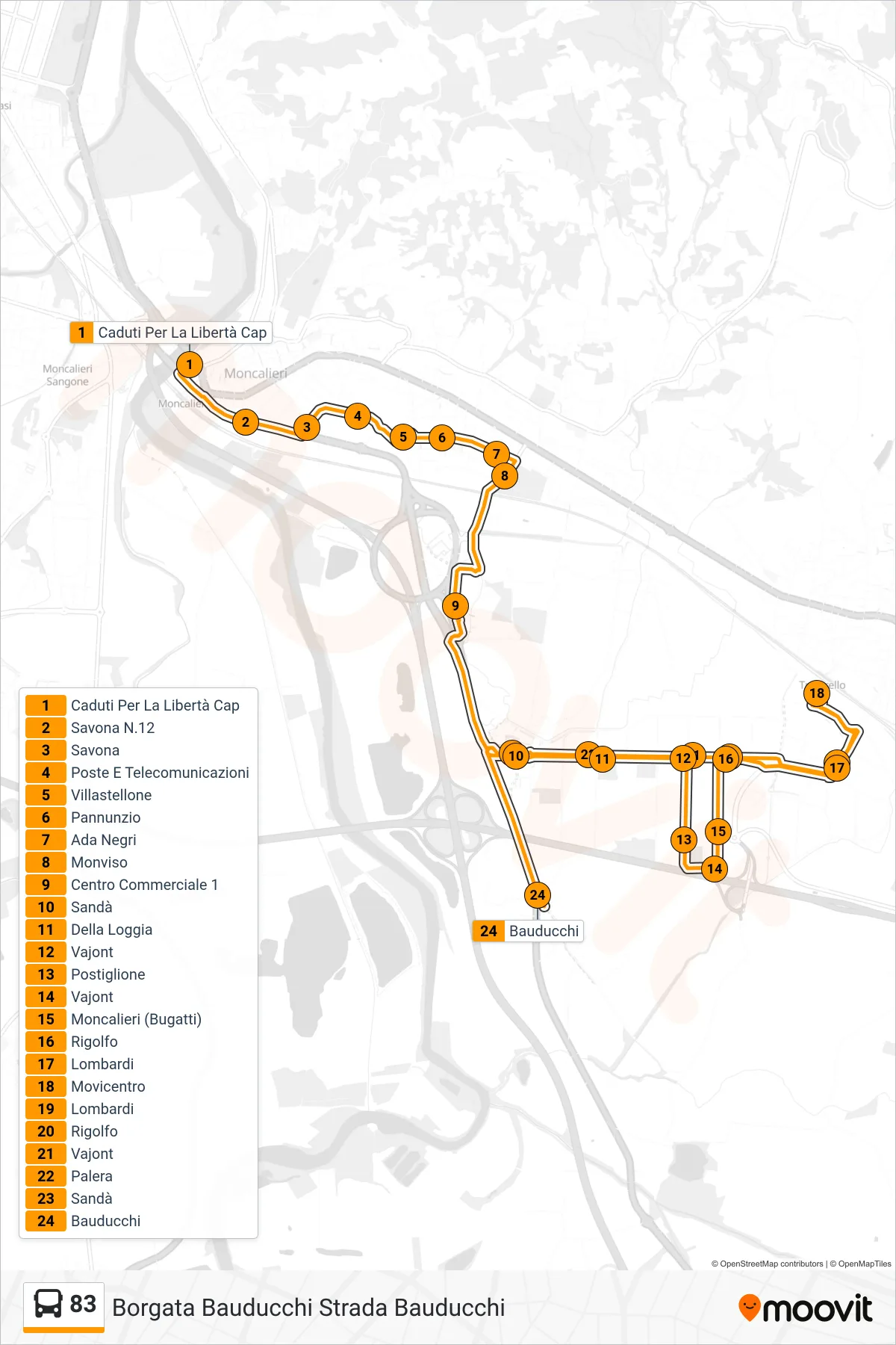 Linea 83  bus (Borgata Bauducchi Strada Bauducchi) - Percorsi e fermate sulla mappa