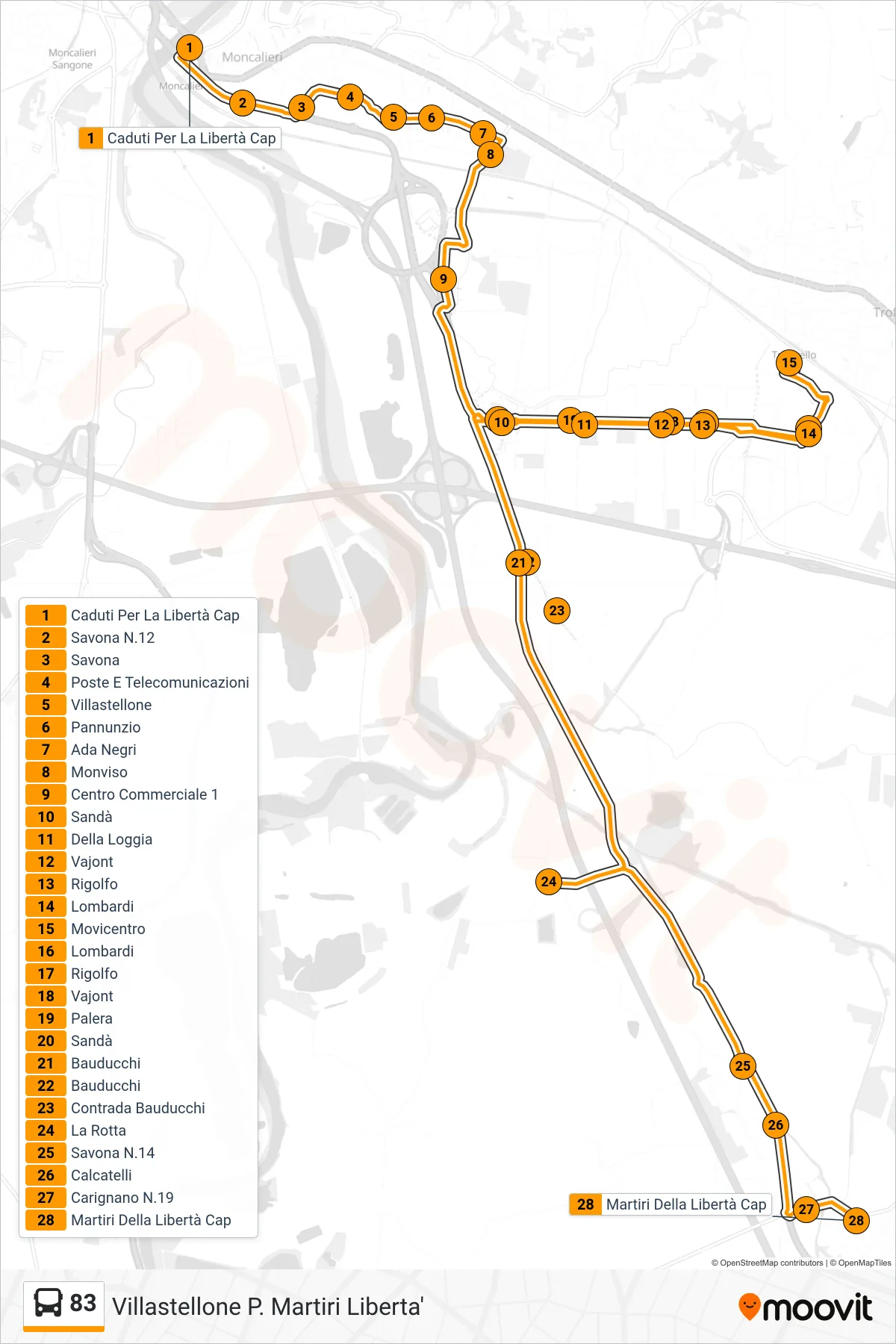 Linea 83  bus (Villastellone P. Martiri Liberta') - Percorsi e fermate sulla mappa