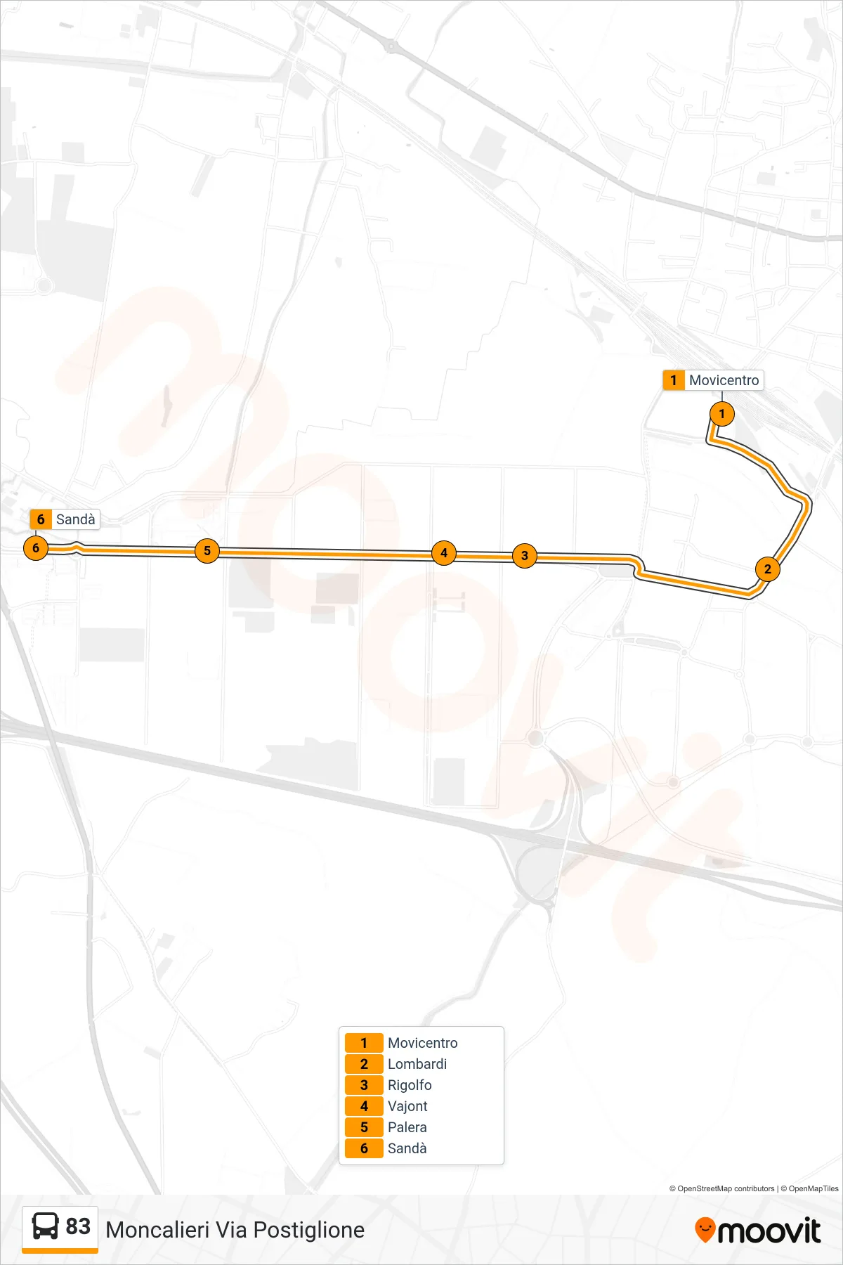 Linea 83 bus (Moncalieri Via Postiglione) - Percorsi e fermate sulla mappa